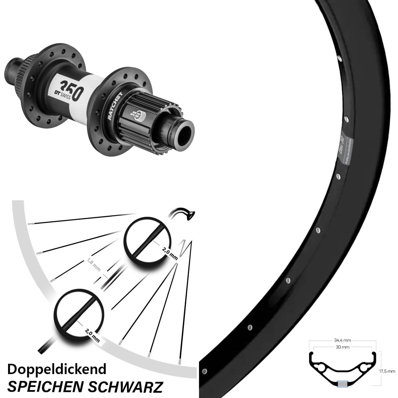 Hinterrad 27,5 Zoll Ryde Disc 30 DT Swiss 350 Centerlock Micro Spline 12x148
