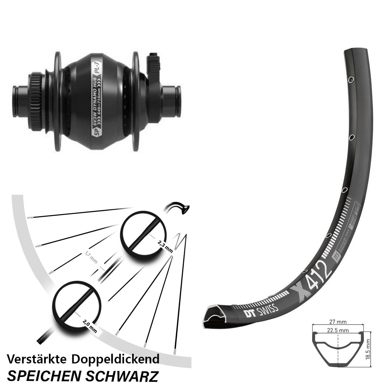 Disc Vorderrad mit Nabendynamo 12x100 29 Zoll DT Swiss X 412 Shutter PL-7