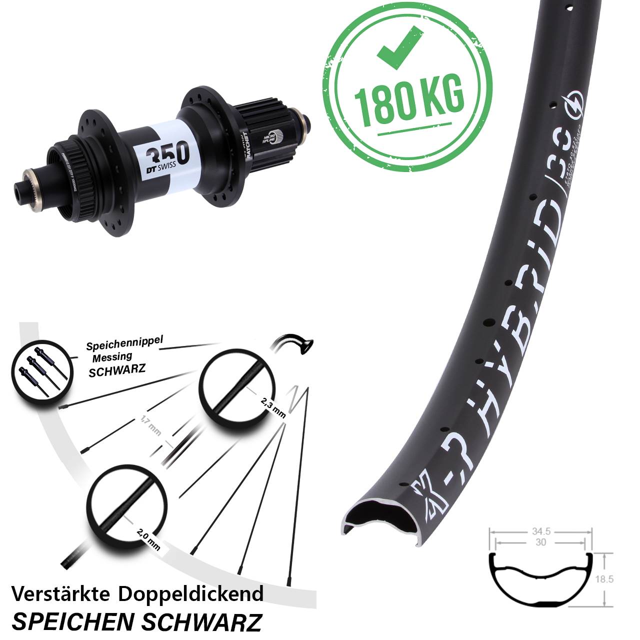 KX-R Hybrid 30 DT Swiss 350 29 Zoll Hinterrad für Schnellspanner Shimano Micro Spline