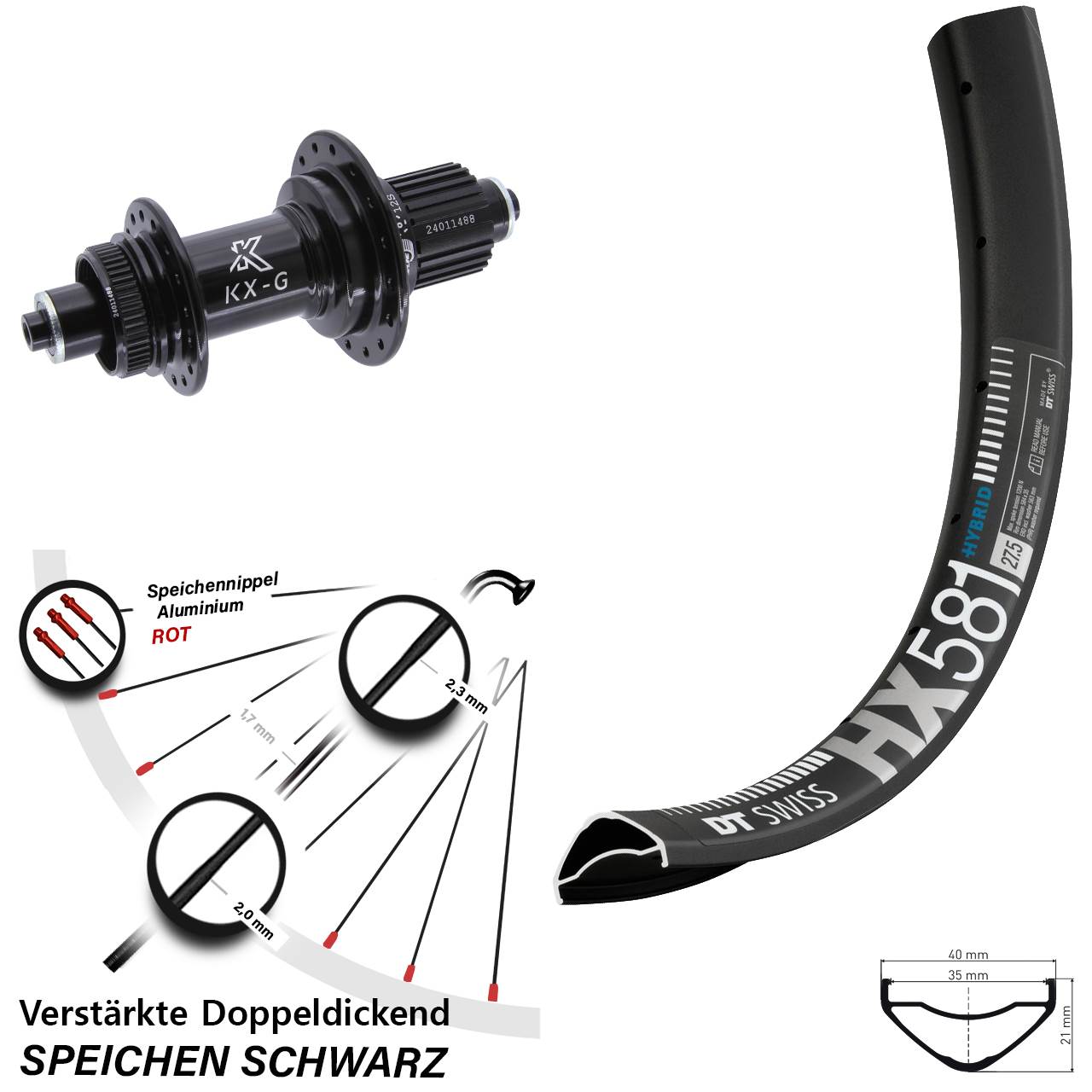 DT Swiss HX581 KX-G 27,5 Zoll Disc Hinterrad QR Shimano Micro Spline