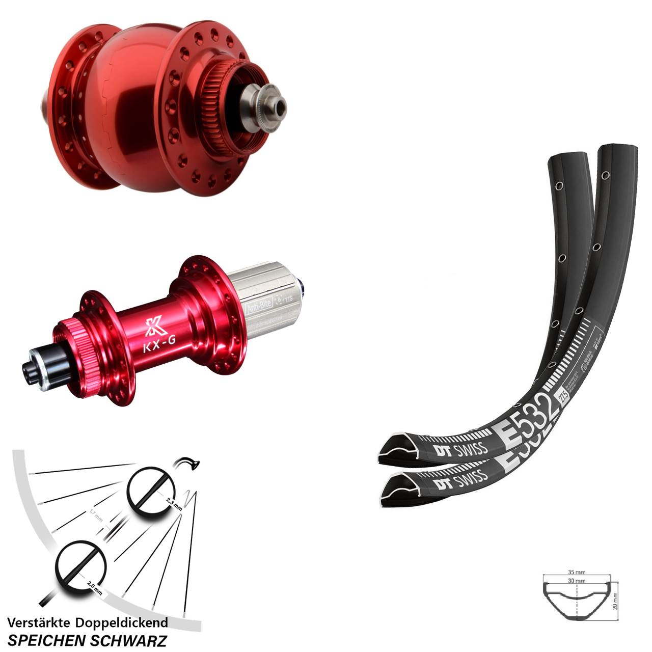 29 Zoll DT Swiss E532 KX-G rot SONdelux Centerlock Laufradsatz QR 8-12 fach