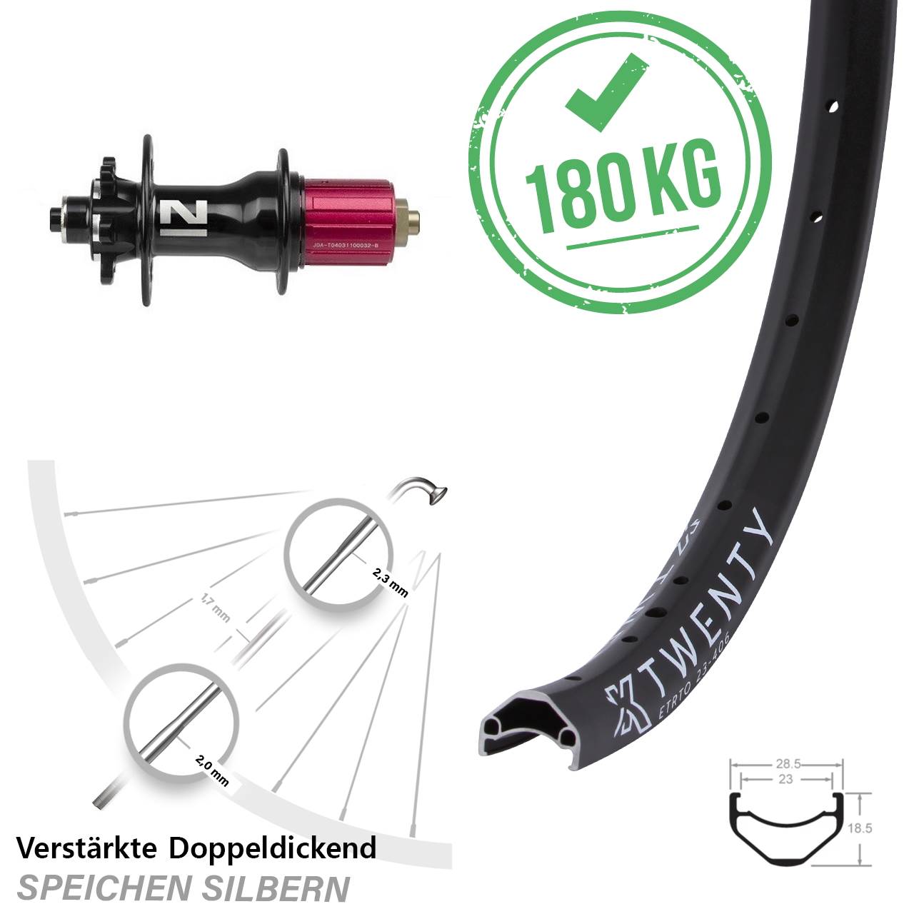 schwarzes 20 Zoll Hinterrad KX Twenty leicht Novatec D792SB 11-fach Schnellspanner