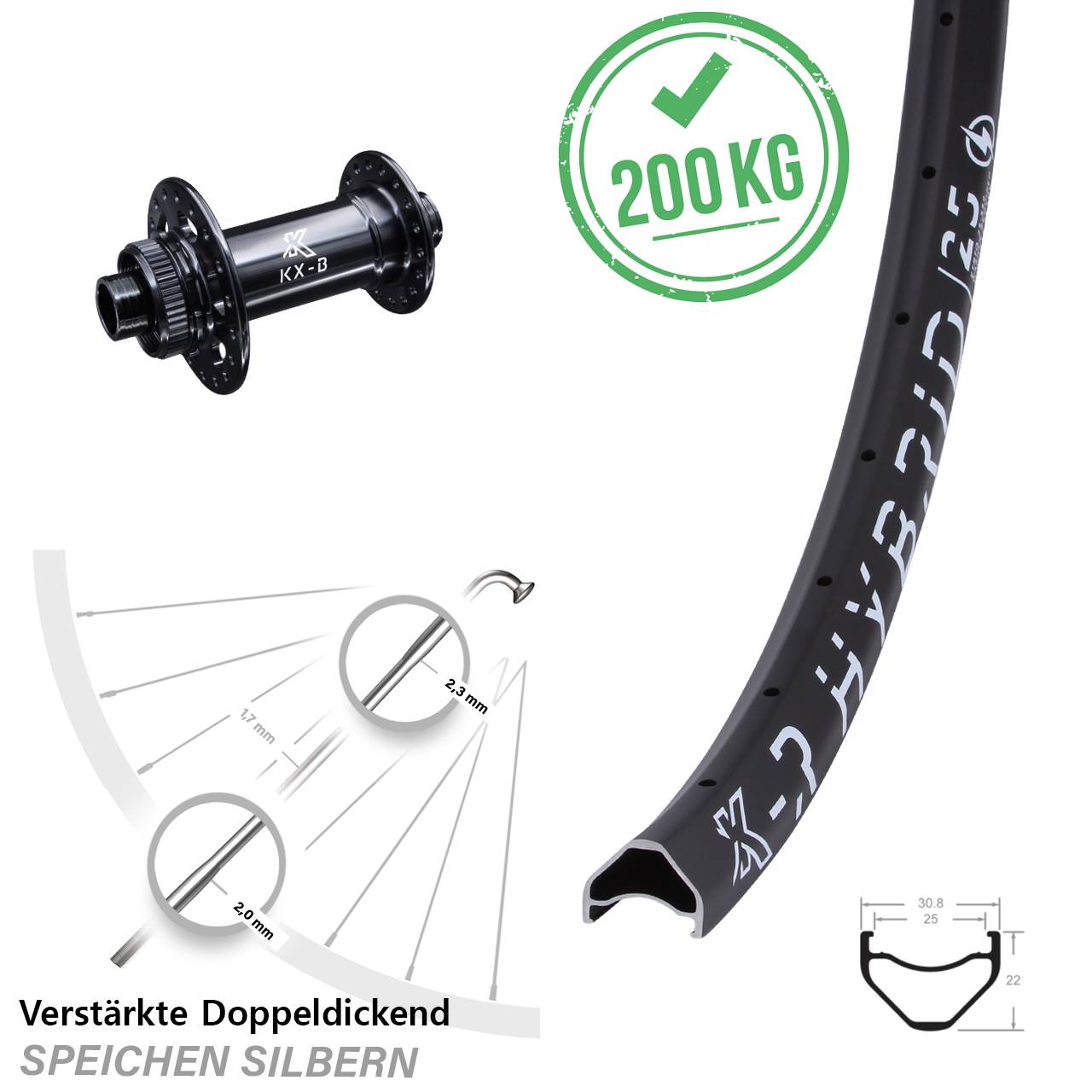 Vorderrad 29 Zoll Boost 15x110 mm KX-BR Hybrid 25 verstärkt Centerlock