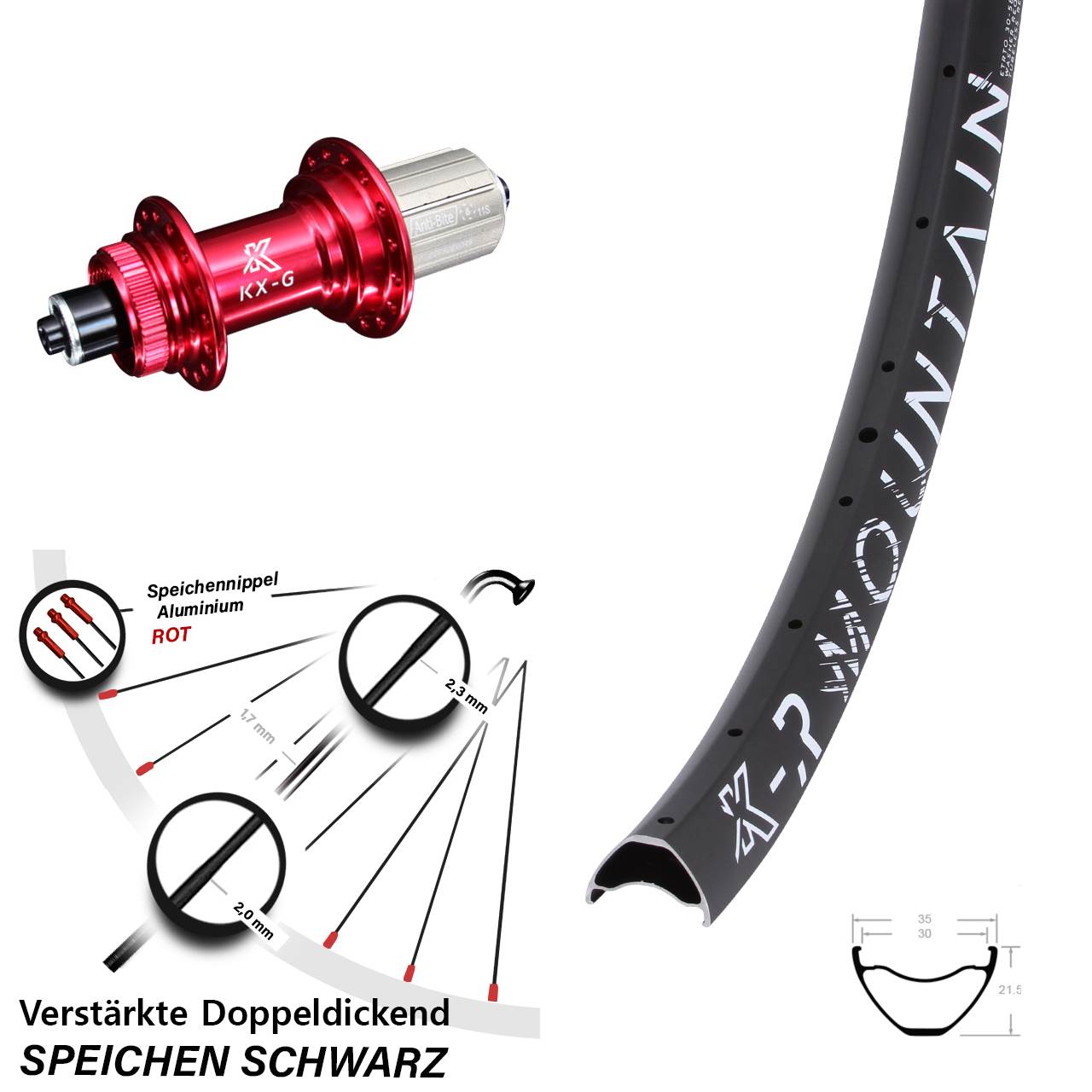 Centerlock Hinterrad QR 27,5 Zoll KX-GR Mountain rot 8-12 fach HG