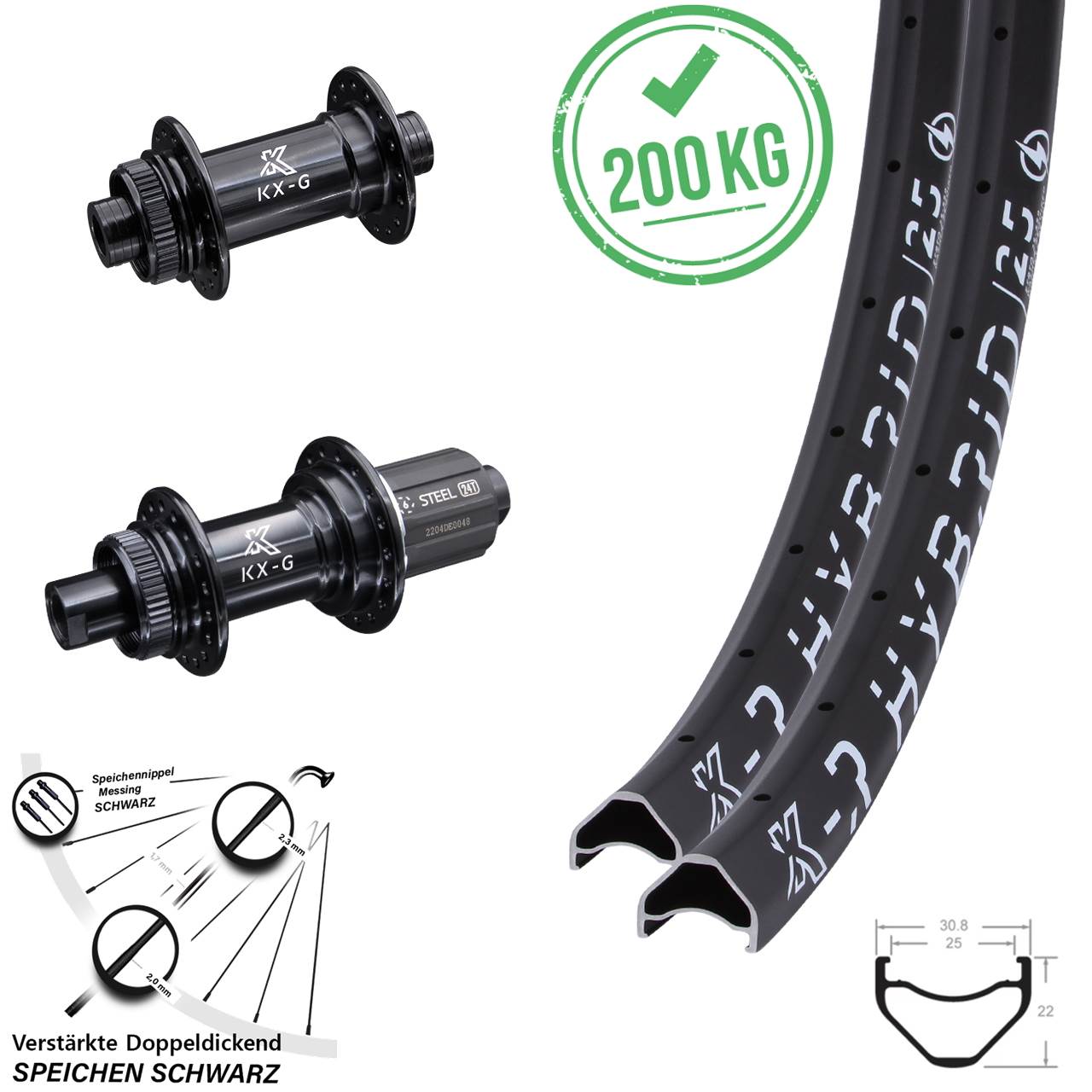 Laufradsatz 27,5 Zoll KX-GSR Hybrid 25 verstärkt 8-12 fach HG 15x100 12x142