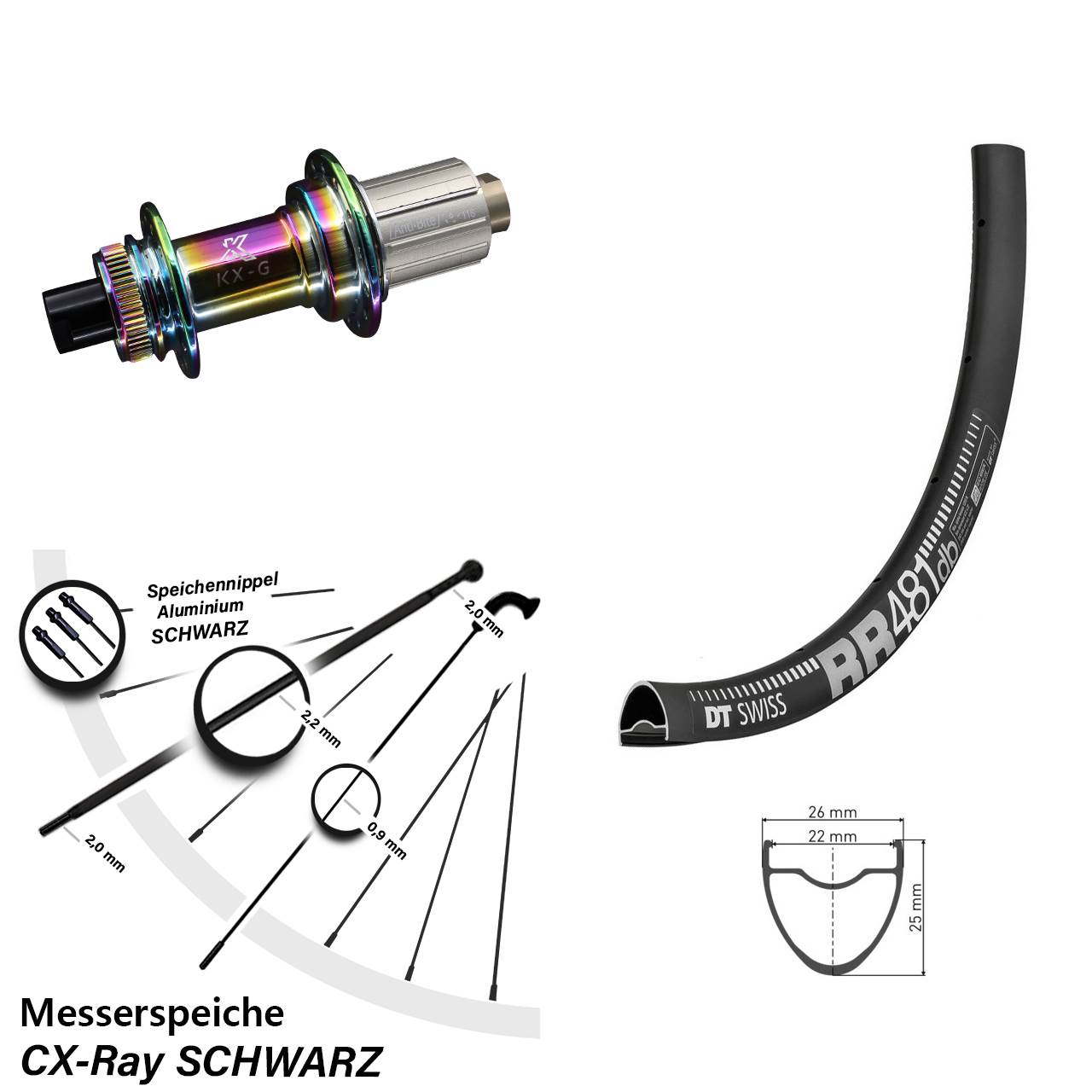 KX-G Oilslick Hinterrad 28 Zoll DT Swiss RR 481 12x142 mm CX Ray Messerspeiche 8-12 fach