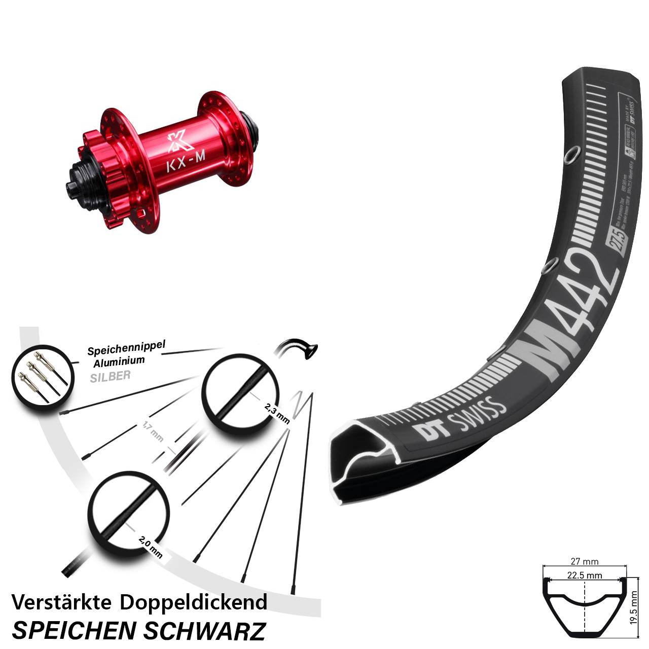 6-Loch Vorderrad 28-29 Zoll DT Swiss M442 KX-M rot für Schnellspanner