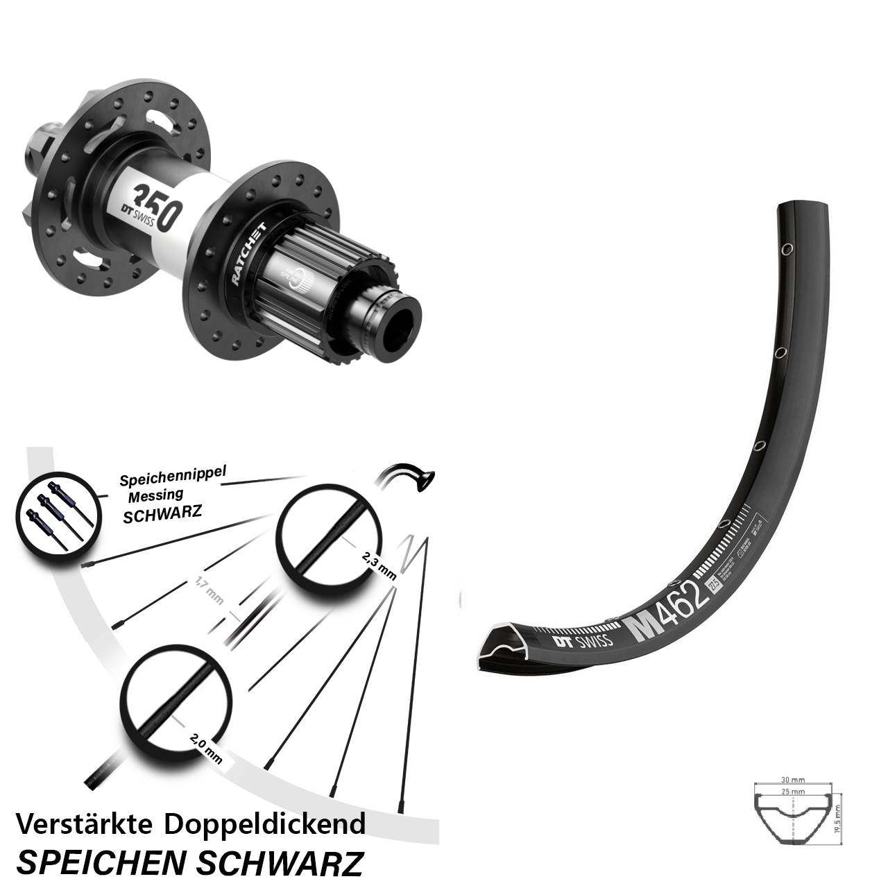 27,5 Zoll DT Swiss M462-350 Ratchet 36 Boost 6-Loch Hinterrad 12x148 Shimano Micro Spline