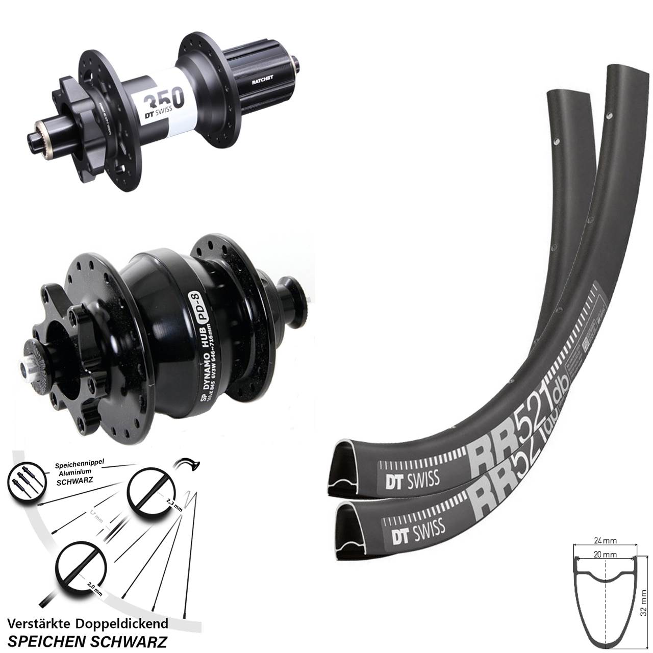 DT Swiss RR 521 350 Shutter PD-8 28 Zoll Disc Laufrad-Satz QR 8-11 fach schwarz