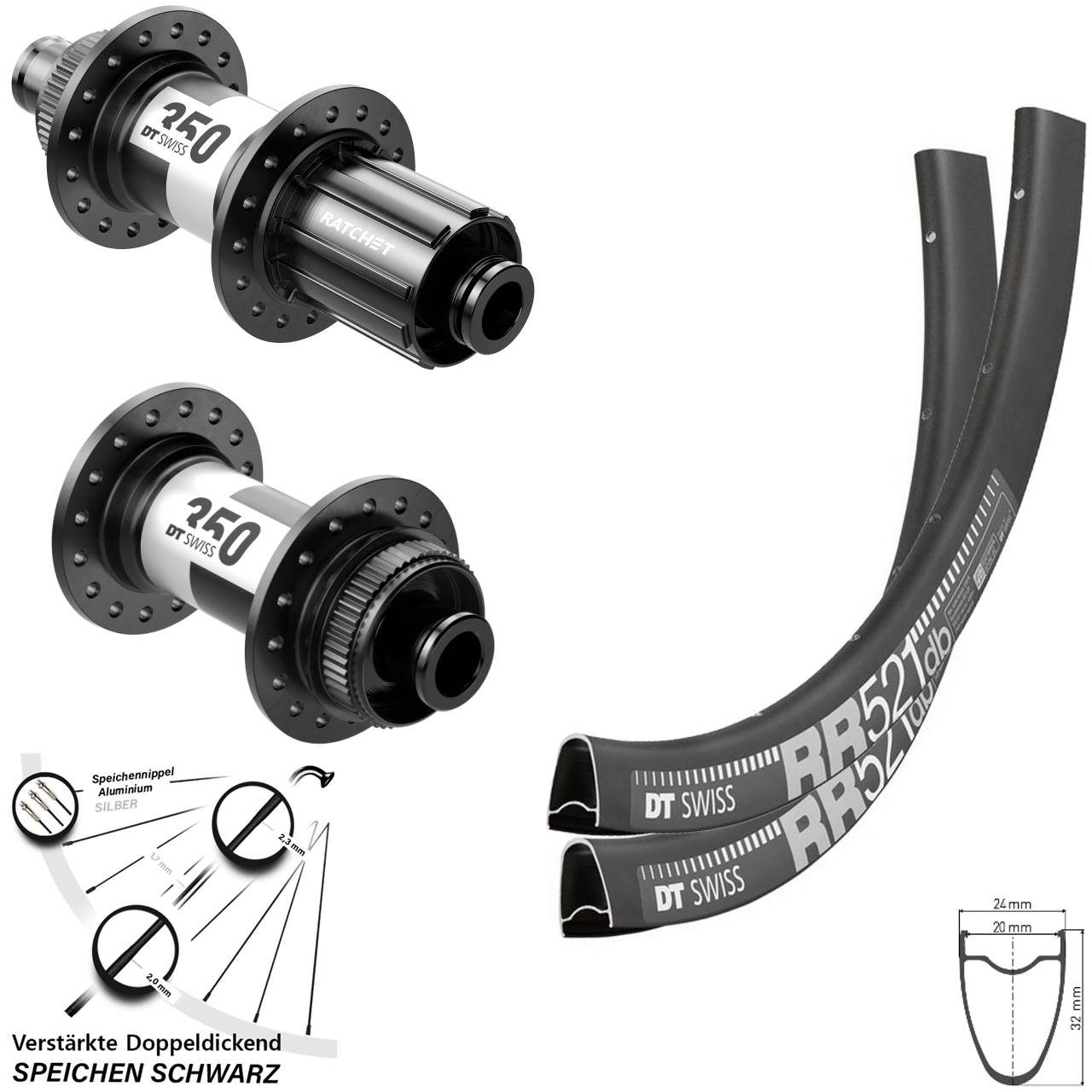 28 Zoll DT Swiss RR521-350 Road Disc Laufrad-Satz 12x100/142 11-12 fach HG