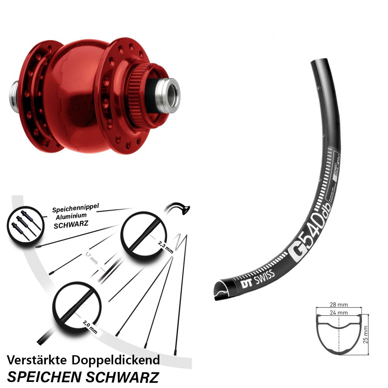 Nabendynamovorderrad Centerlock 12x100 29 Zoll DT Swiss G 540 SON 28 rot
