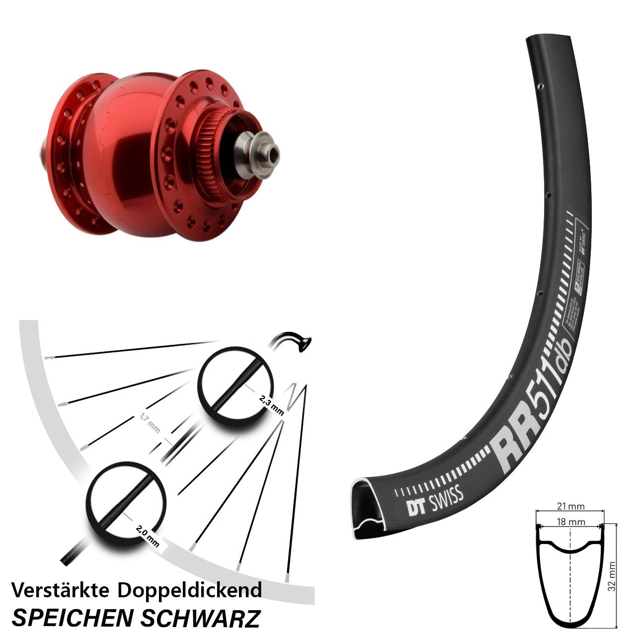 Vorderrad mit Nabendynamo QR roter SON 28 Zoll DT Swiss RR511