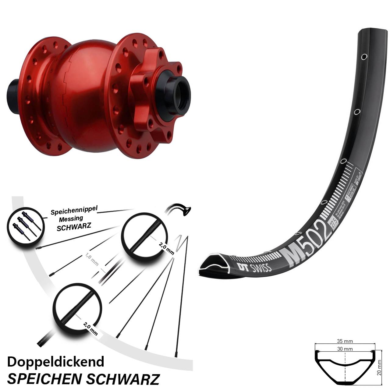 Boost Disc Dynamo-Vorderrad 15x110 29 Zoll DT Swiss M502 SON 28 rot