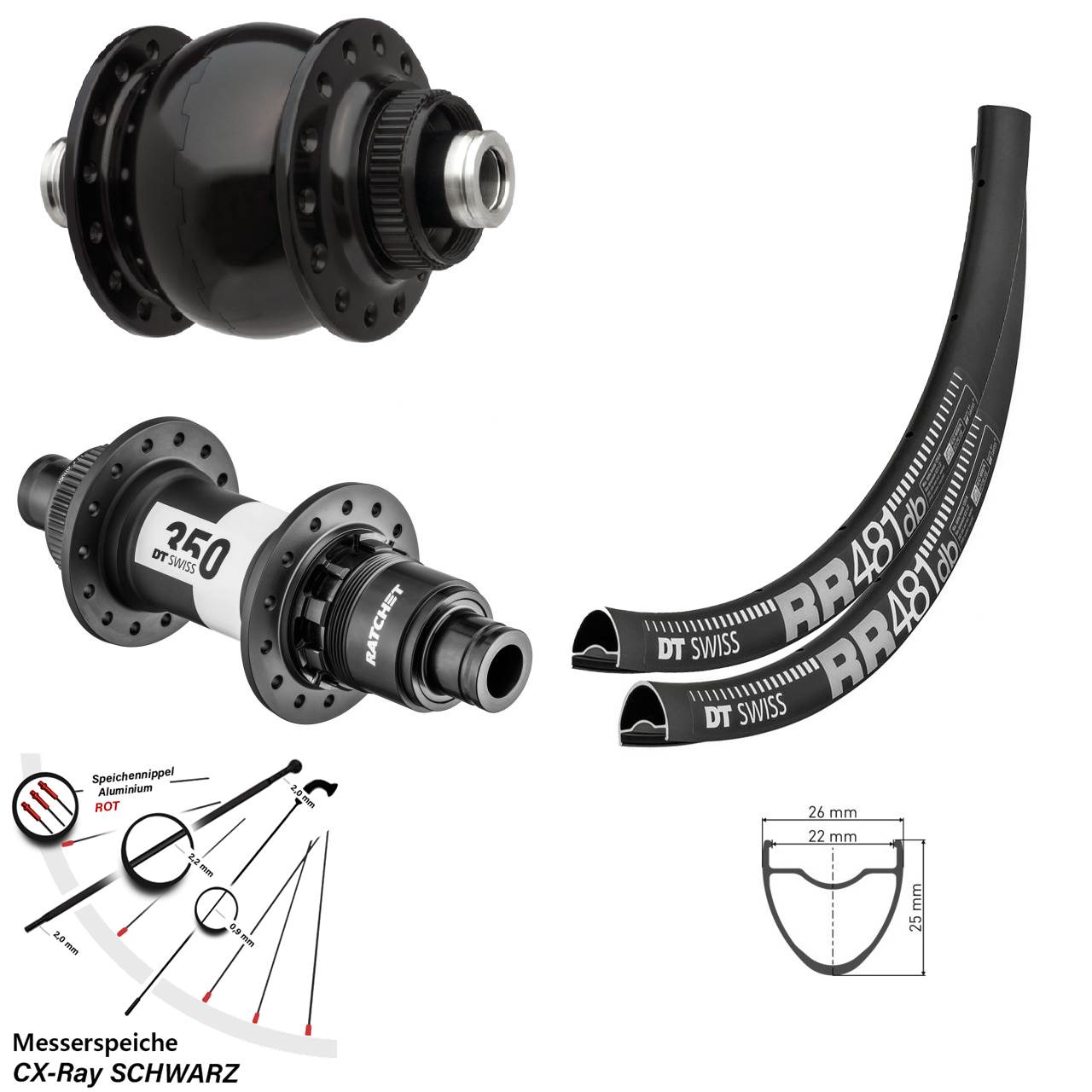 DT Swiss RR 481-350 Road SON 28 28 Zoll Laufradsatz Centerlock 12x100/142 CX-Ray XDR