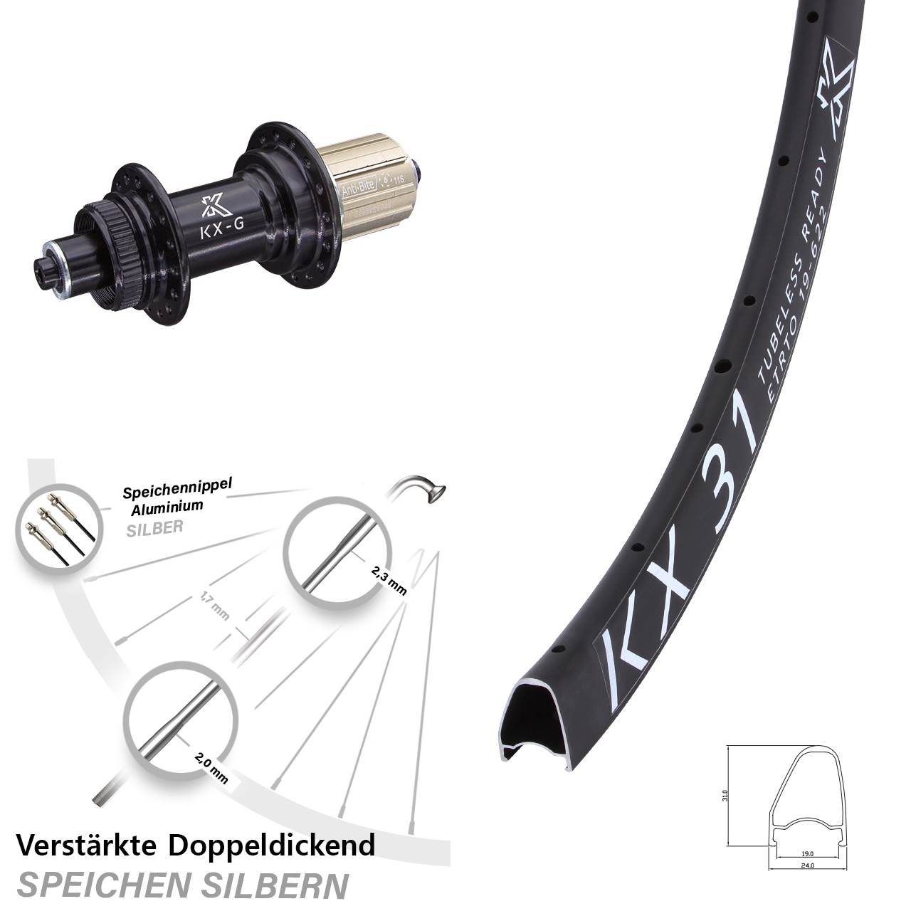 Disc Laufrad 28 Zoll KX-G 31 Offset 8-12 fach HG für Schnellspanner