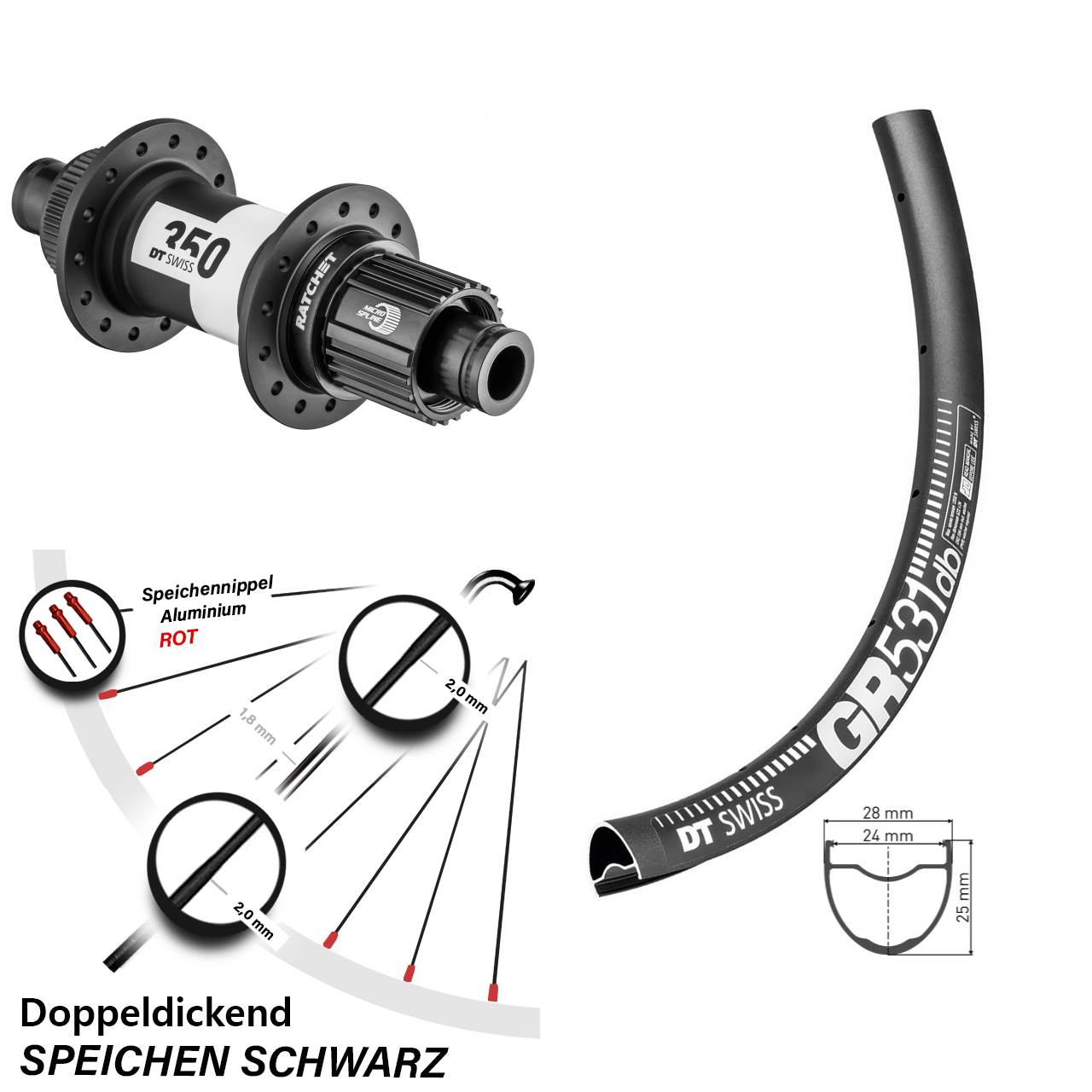 DT Swiss GR 531-350 28 Zoll Hinterrad Centerlock 12x142 Micro Spline