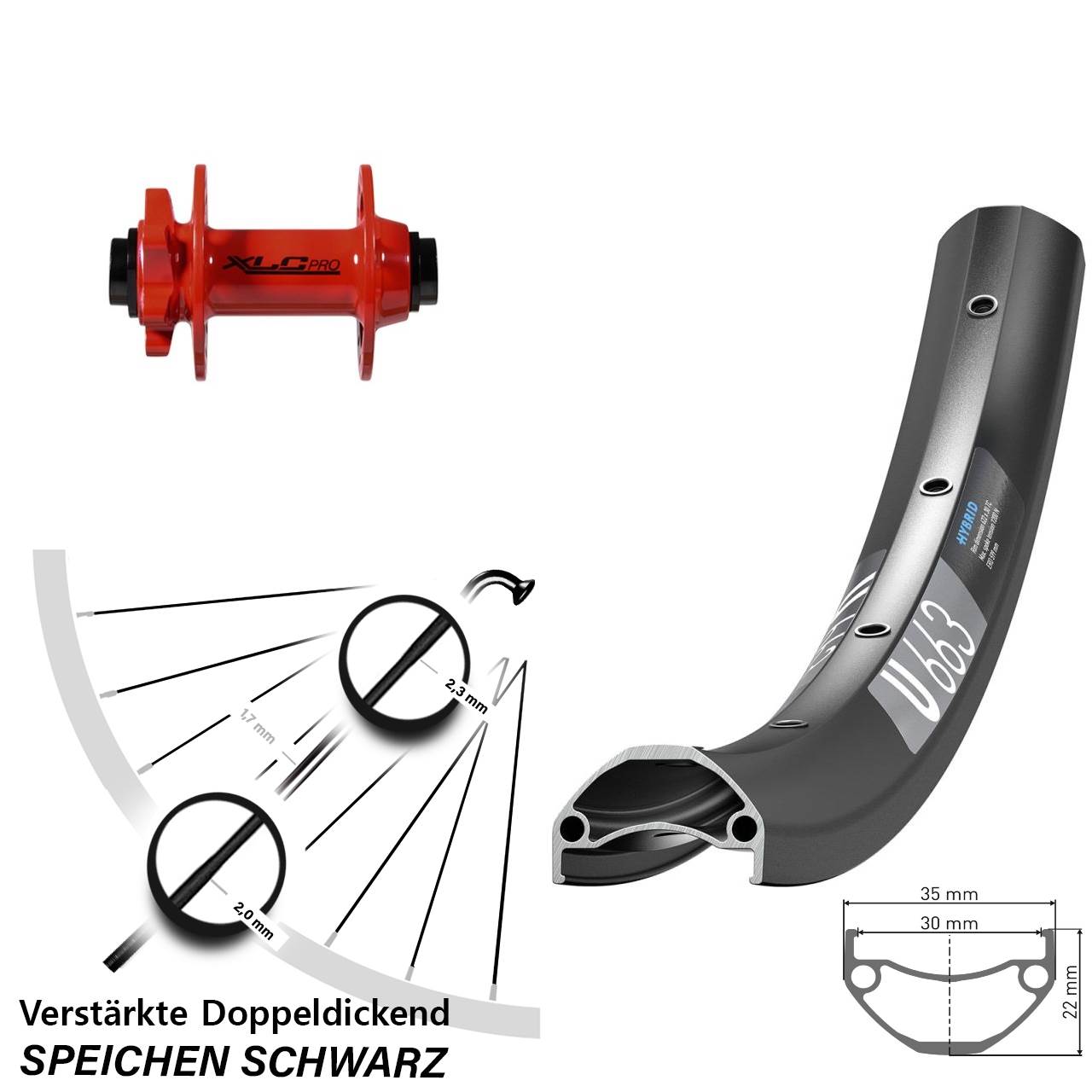 6-Loch Vorderrad 15x100 26 Zoll DT Swiss U 663 XLC Pro rot