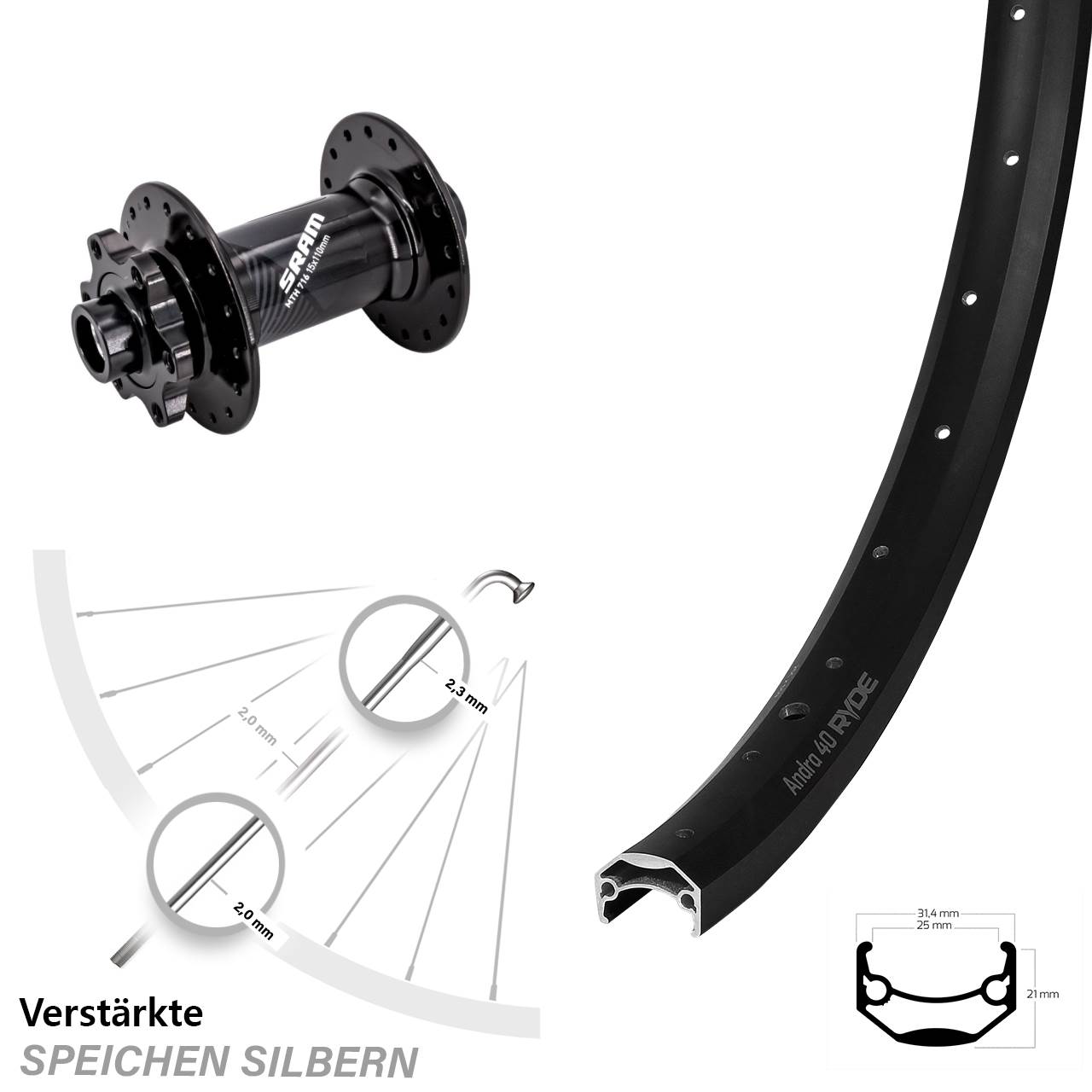 6-Loch Vorderrad 27,5 Zoll Ryde Andra 40 Sram 716 15x110 Boost