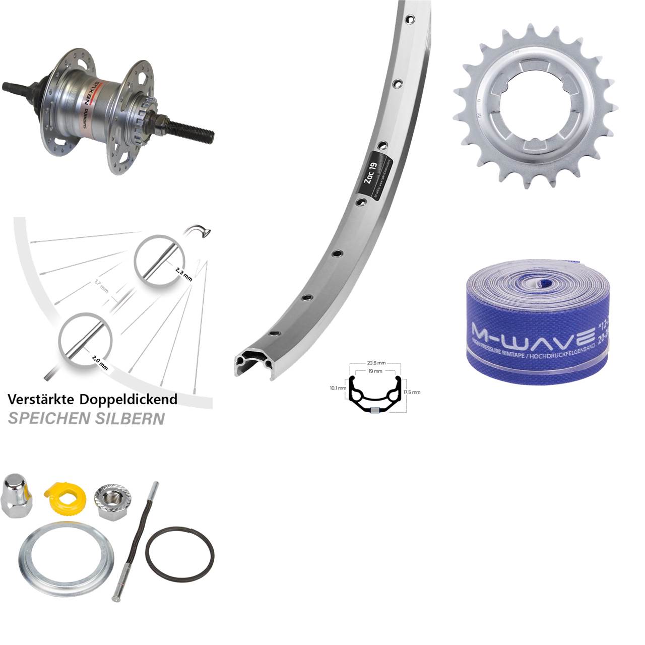 26 Zoll Hinterrad Shimano Nexus 3 Gang für Rollenbremse Ryde Zac19 silbern