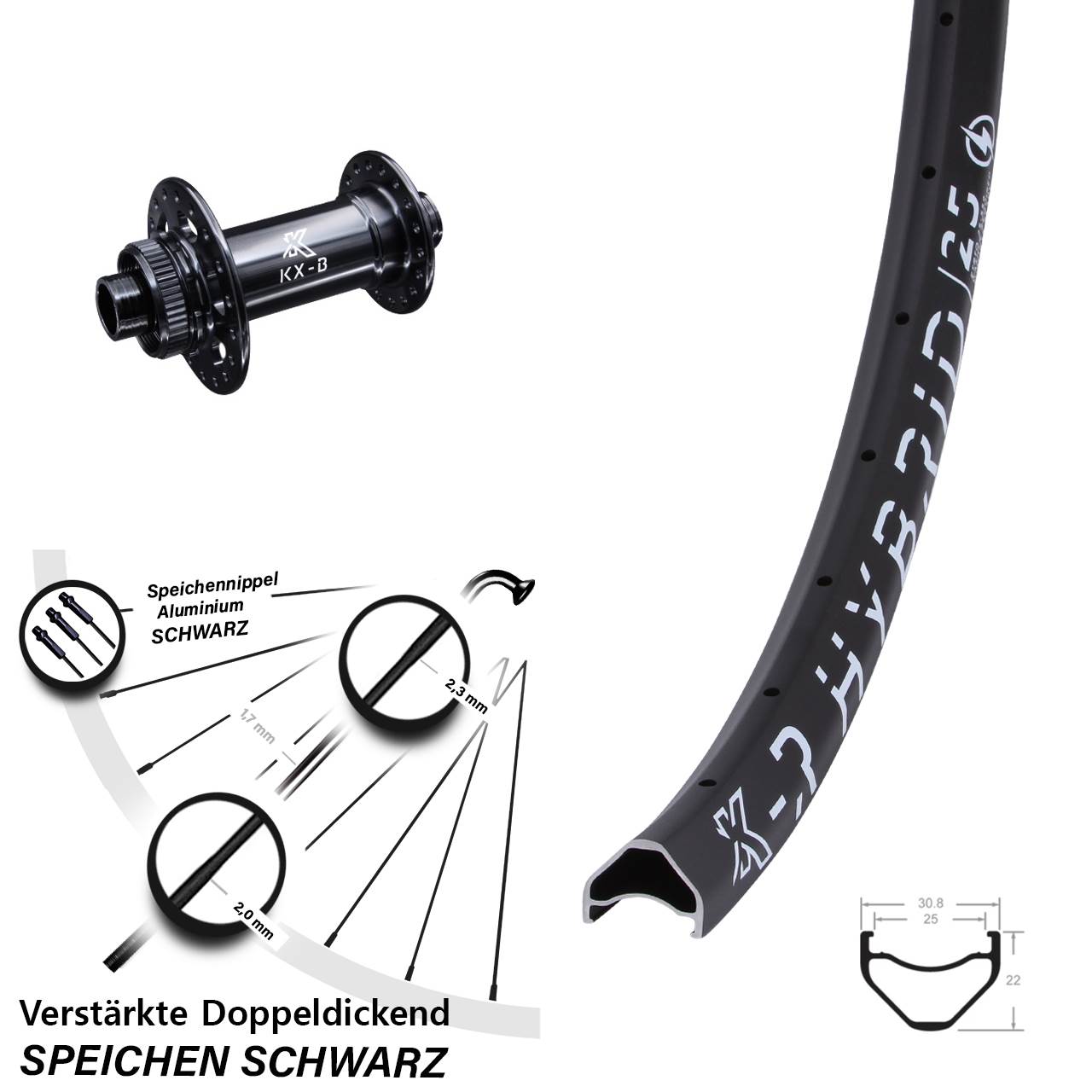 26 Zoll KX-R Hybrid 25 E-Bike Vorderrad 15x110 Boost verstärkt