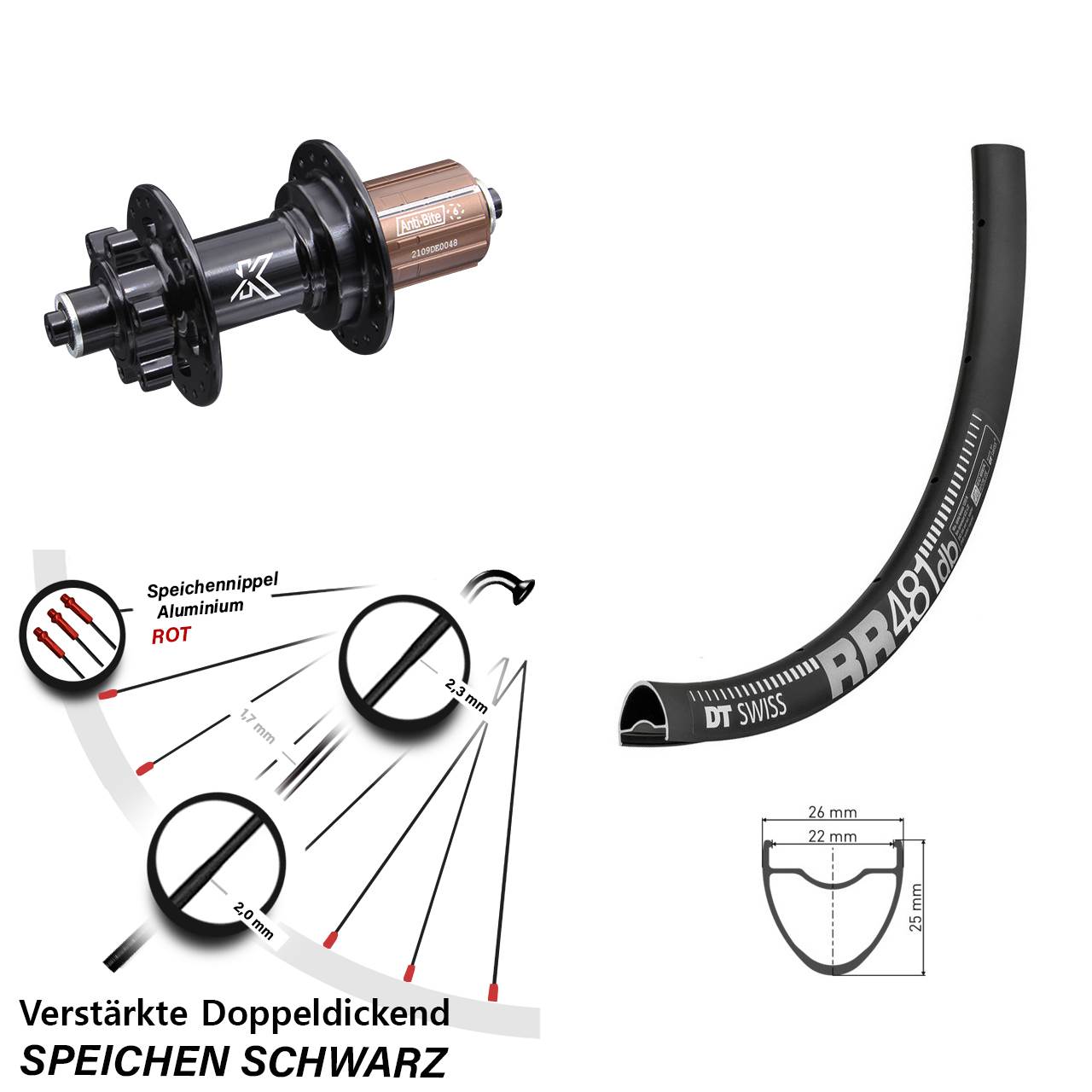 28 Zoll Hinterrad DT Swiss RR 481 DB KX-M 6-loch für Schnellspanner