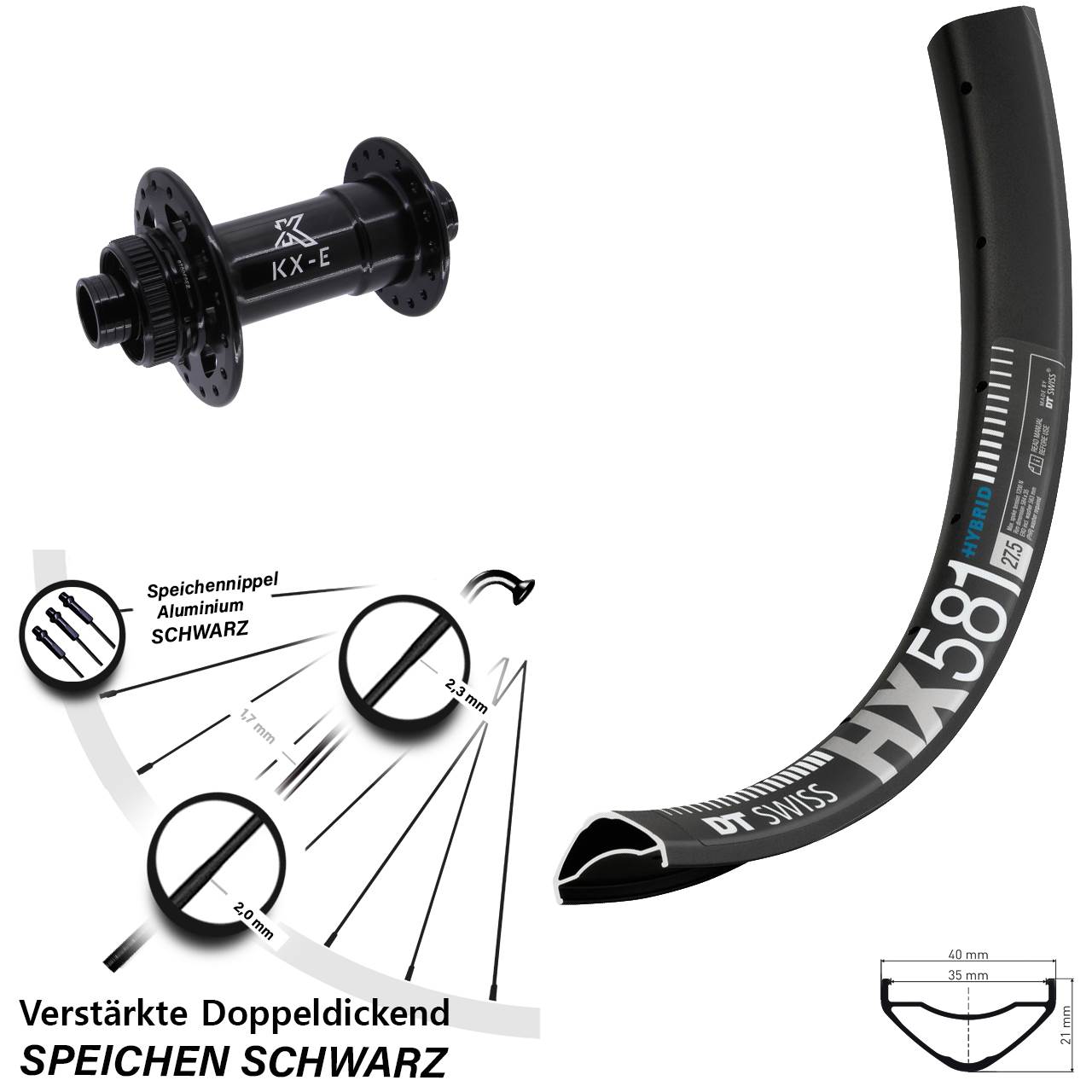 Boost Centerlock Vorderrad 15x110 27,5 Zoll DT Swiss HX581 KX-E 4-fach gelagert