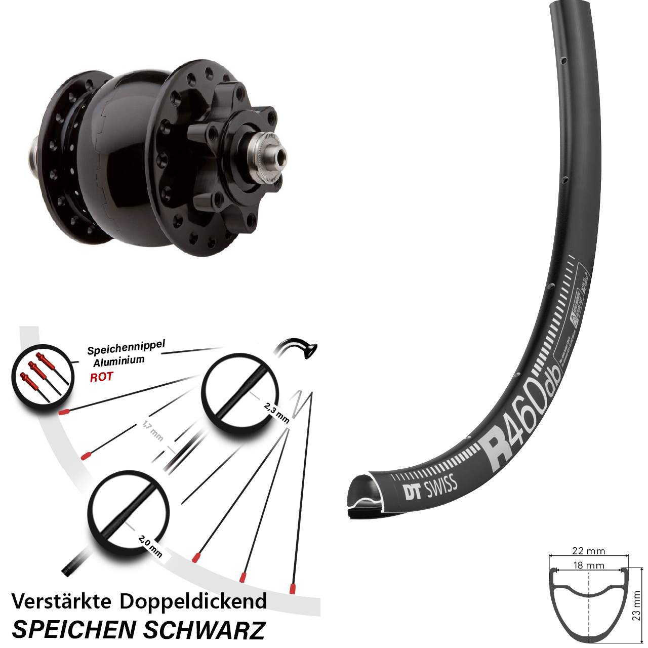 Nabendynamovorderrad SON 28 Zoll 6-Loch QR DT Swiss R460