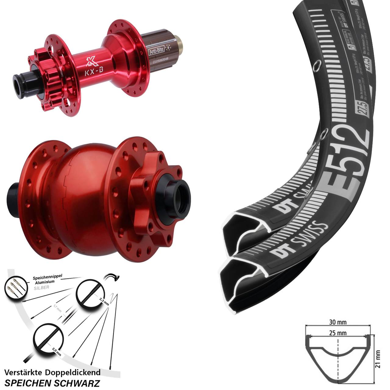 6-Loch Laufradsatz 15x110 12x148 29 Zoll DT Swiss E512 KX-B rot SON 28 8-12 fach