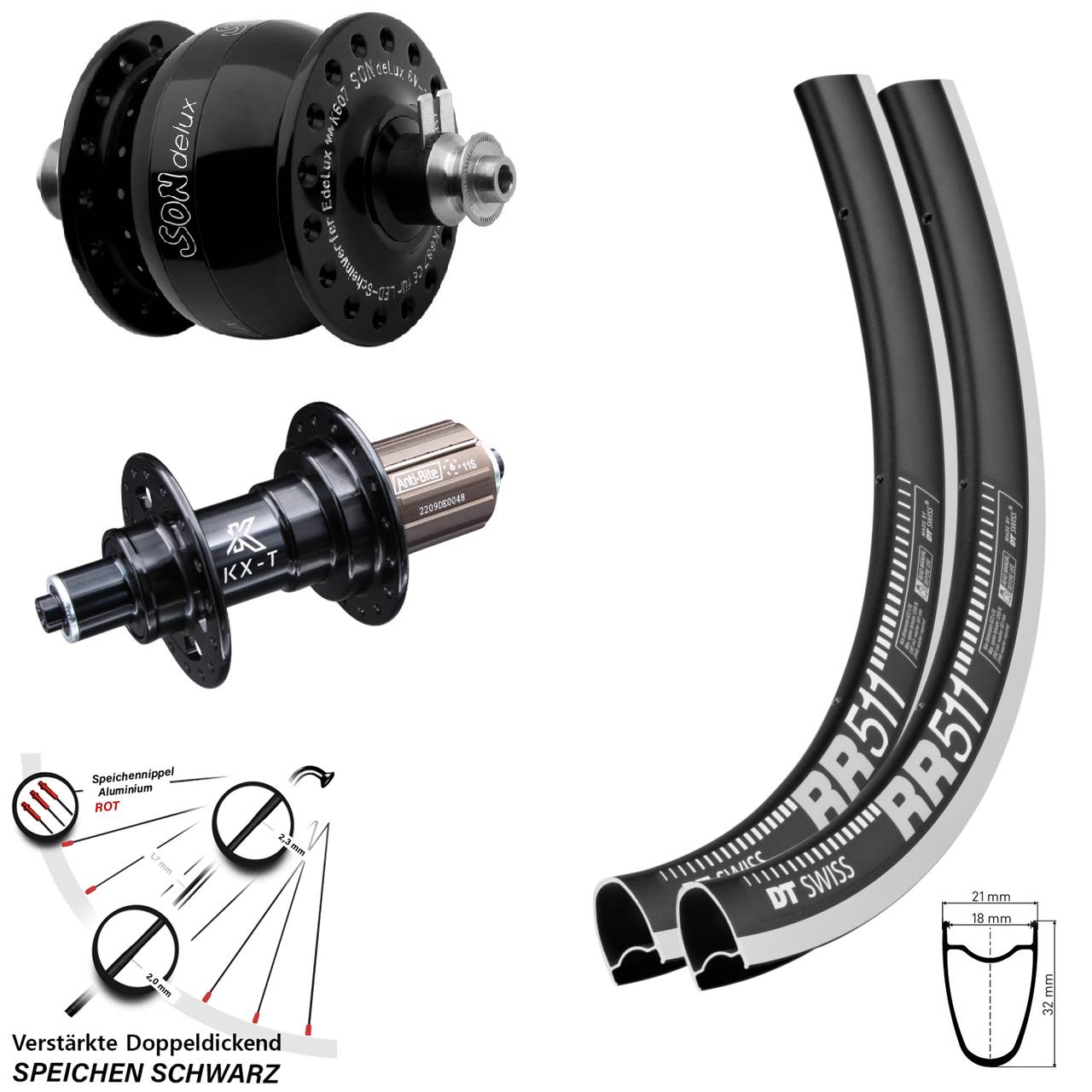 DT Swiss RR511 KX-T SON delux 28 Zoll Laufrad-Satz QR 8-11 fach schwarz