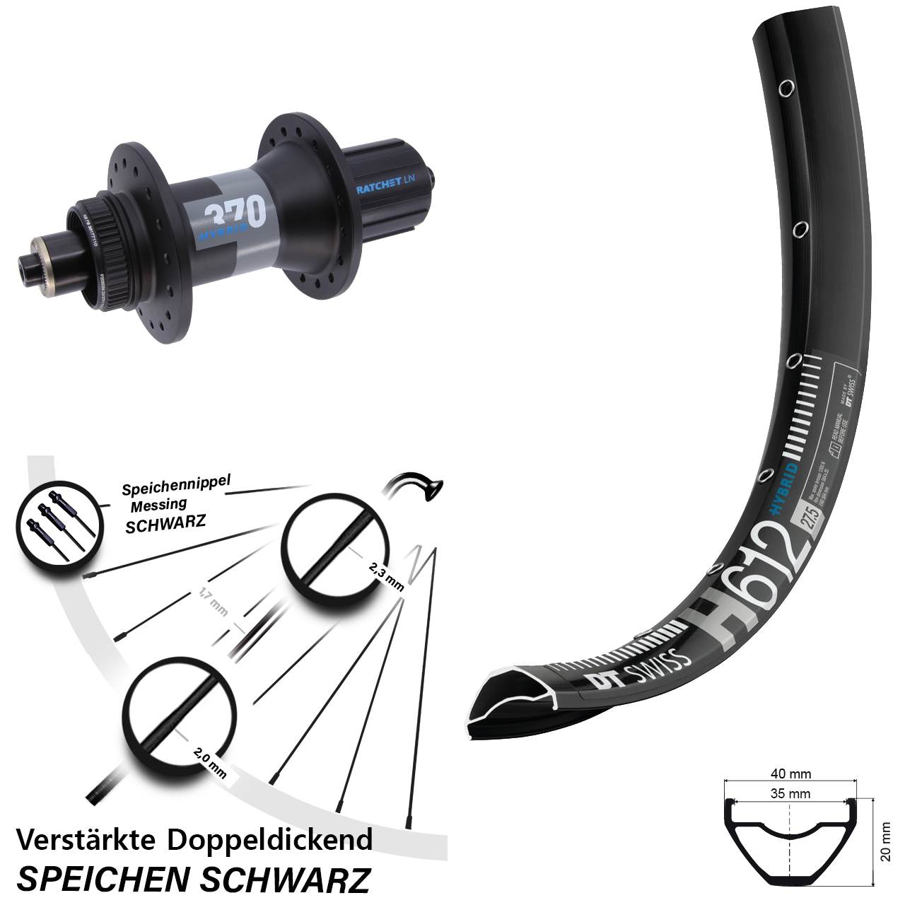 Disc Laufrad 27,5 Zoll DT Swiss H612 370 Hybrid 8-11 fach QR Boost