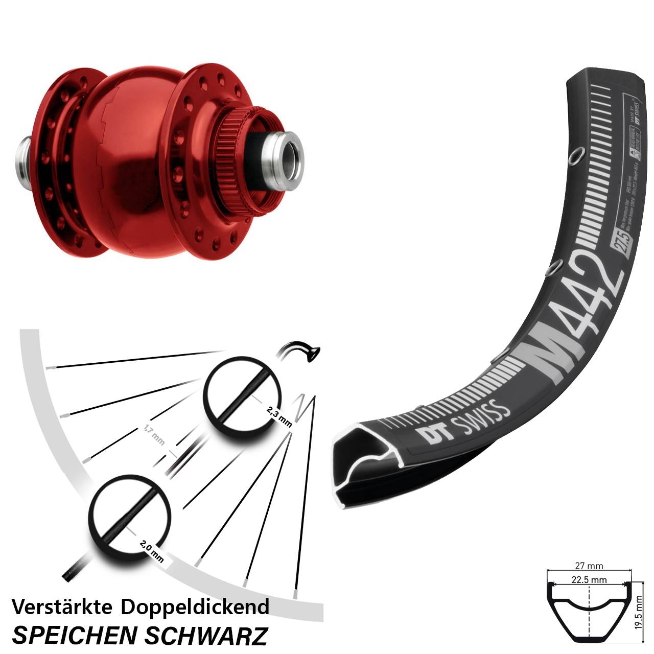 Centerlock Dynamo-Vorderrad 12x100 DT Swiss M442 SON 28 Zoll rot