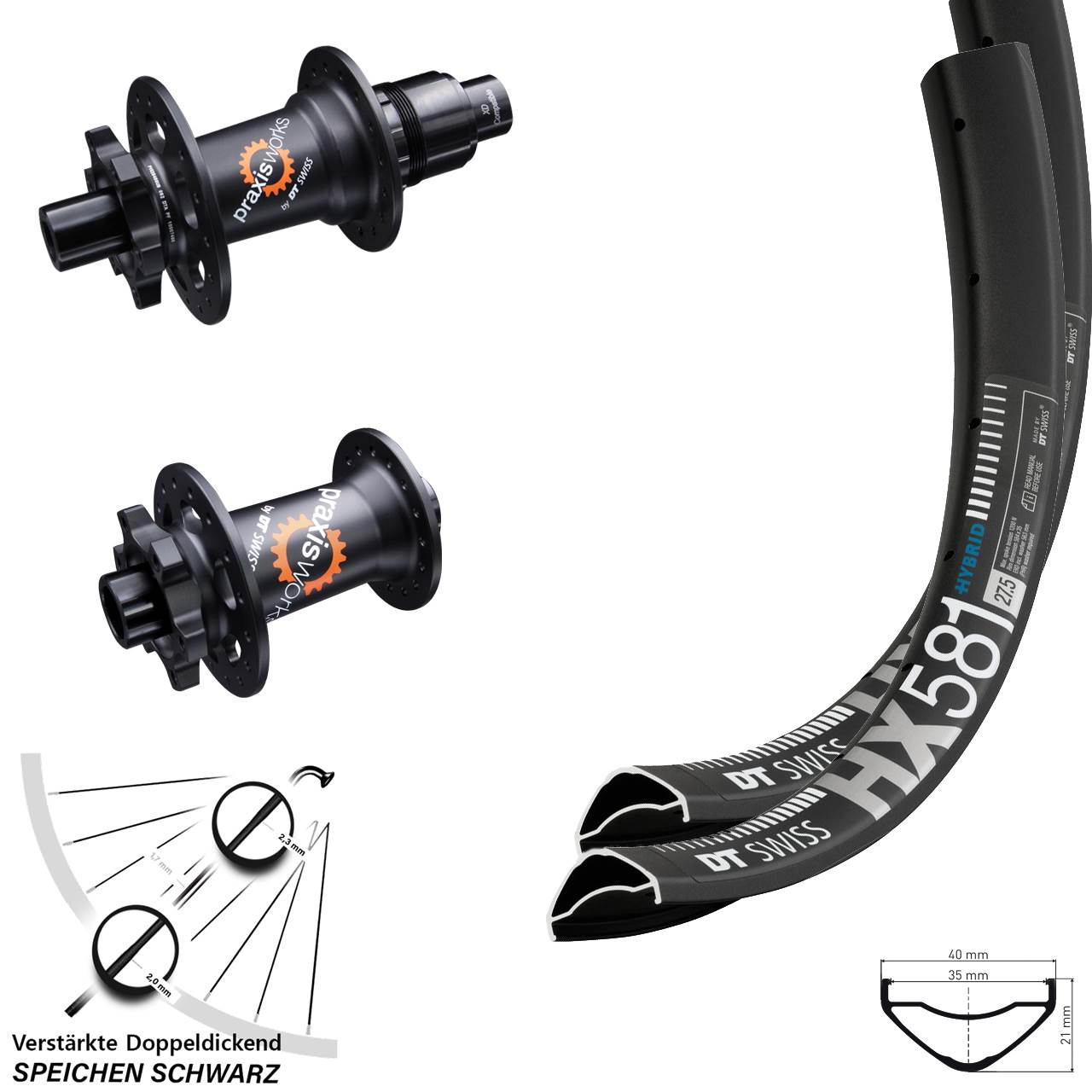 27,5 Zoll DT Swiss HX581 DT Swiss 350 Laufradsatz 6-Loch 15x100 12x142 XD