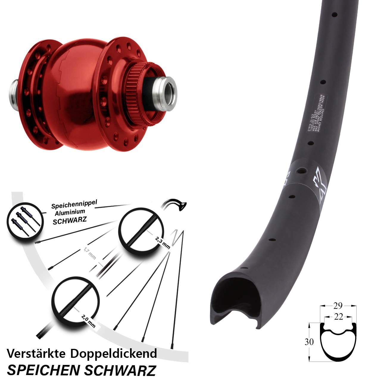 roter SON 28 Zoll KX-RC Gravel Carbon Dynamo-Vorderrad 12x100 Centerlock