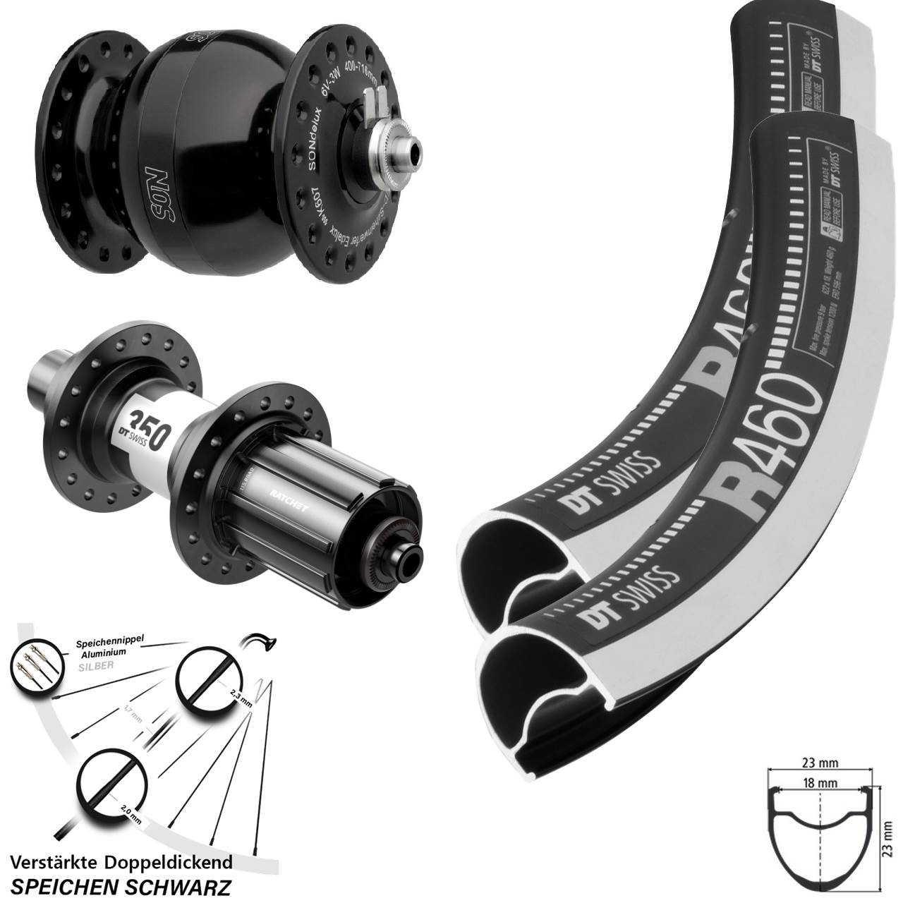 DT Swiss R460 350 SON delux wide body 28 Zoll Laufradsatz für Schnellspanner 11-12 fach HG