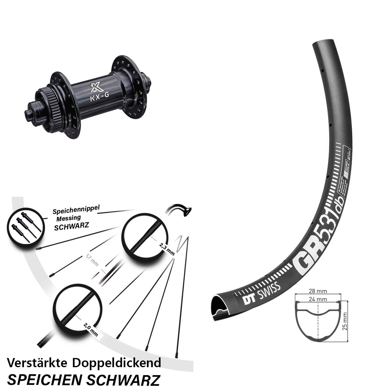 Vorderrad Gravel 28 Zoll DT Swiss GR531 DB Nabe Centerlock KX-G 5x100 mm