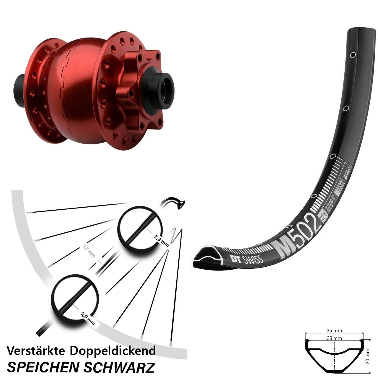 Vorderrad DT Swiss M 502 Disc SON 28-15 Steckachse 100 rot eloxiert