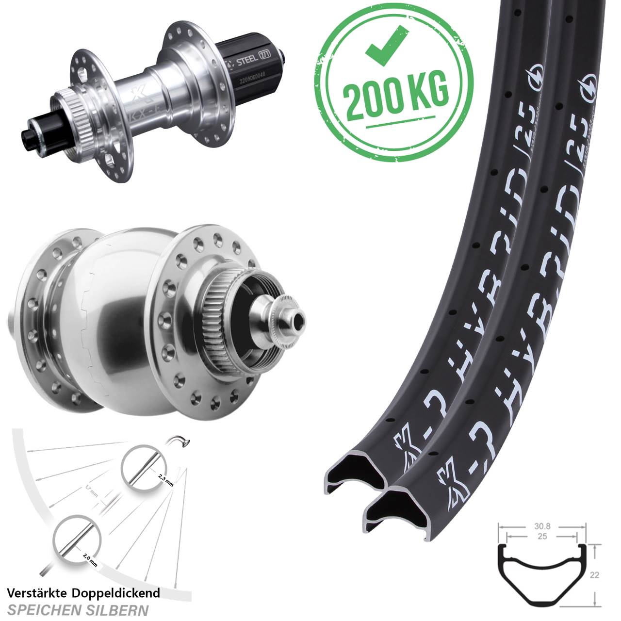 SON 28 Zoll KX-R Hybrid 25 verstärkt Dynamo Laufradsatz QR 8-12 fach HG