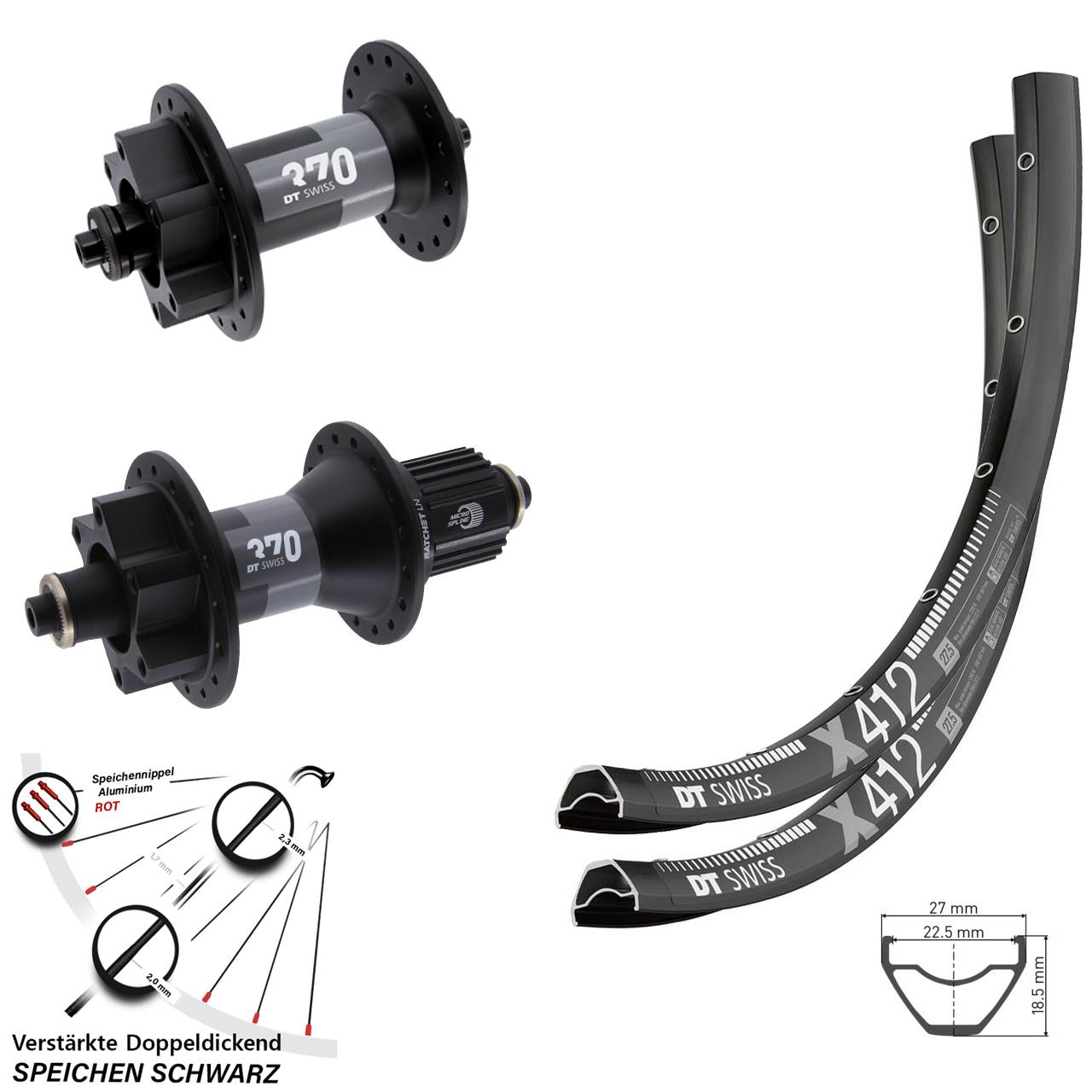 29 Zoll Laufrad-Satz QR DT Swiss X 412 370 Hybrid 6-Loch Shimano Micro Spline