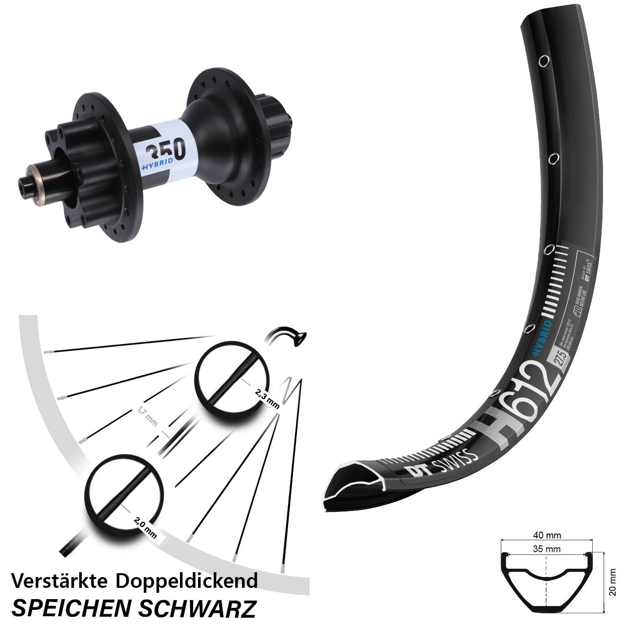 Hinterrad 27,5 Zoll DT Swiss H612-350 Hybrid 6-Loch Singlespeed 5x135