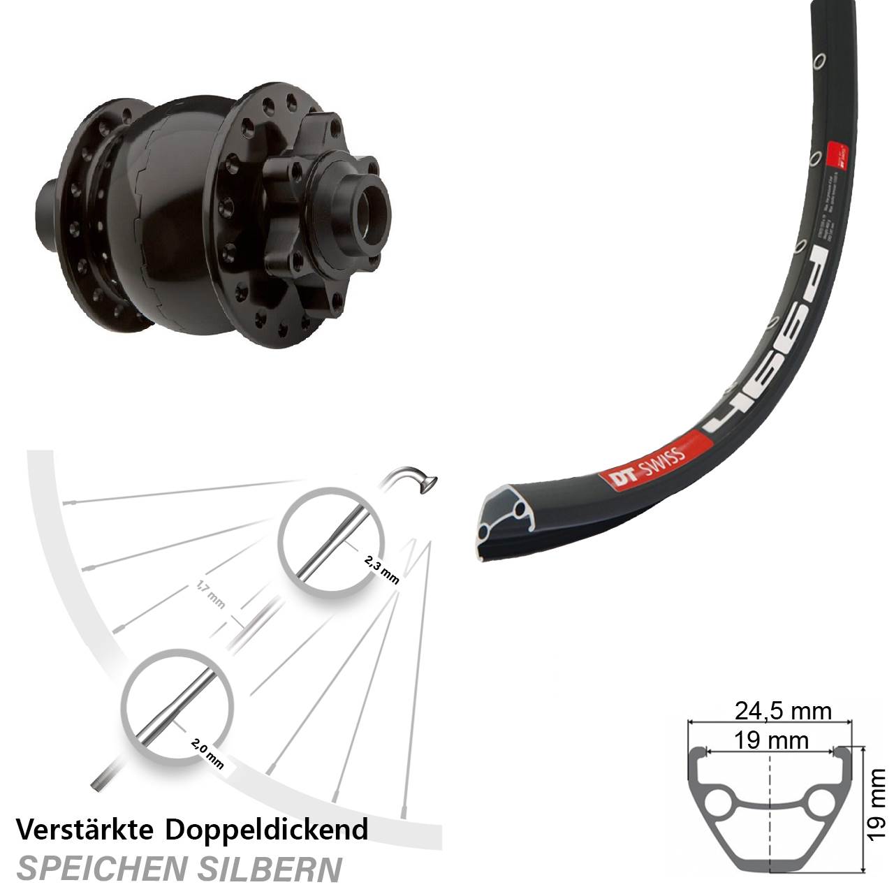 6-Loch Vorderrad mit Nabendynamo 15x100 28-29 Zoll DT Swiss 466 SON 28