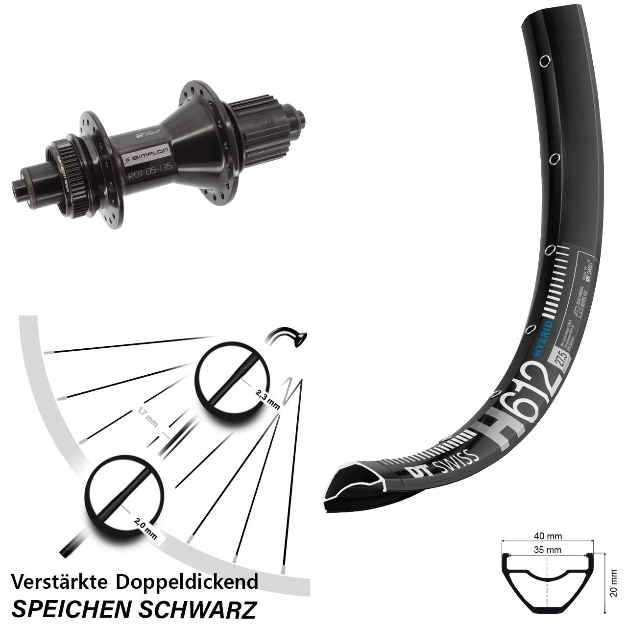 DT Swiss H 612-370 Hybrid 27,5 Zoll Disc Laufrad QR Micro Spline