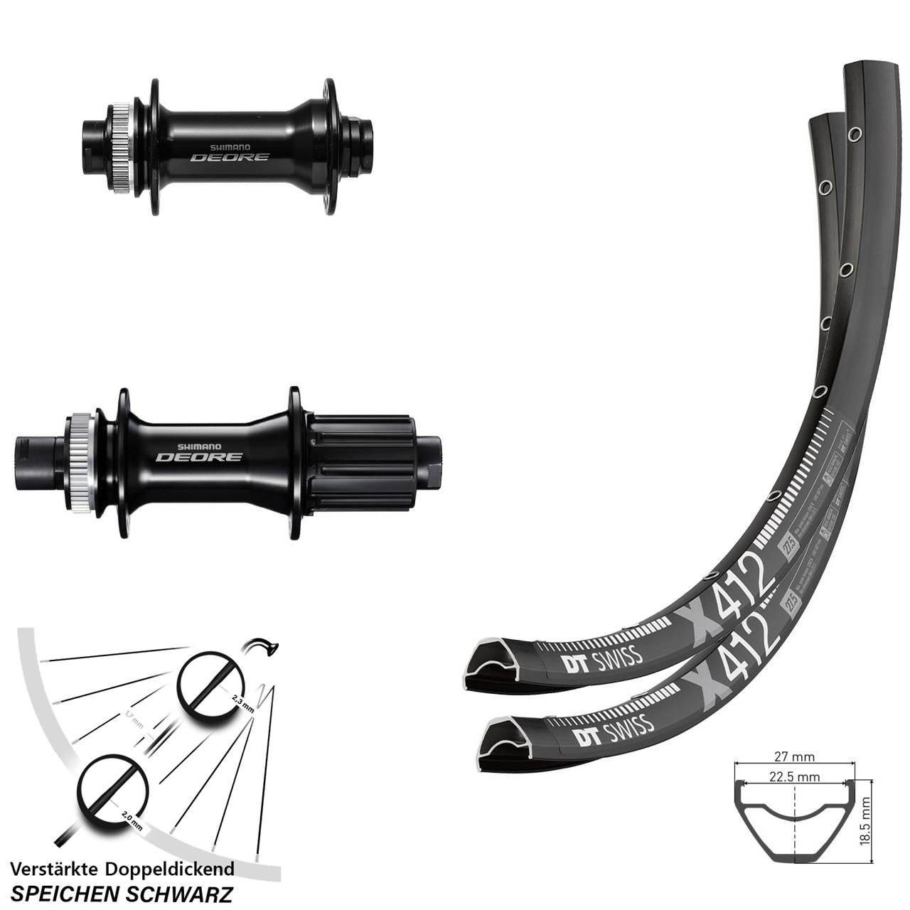 28 Zoll DT Swiss X412 Shimano FH-M6010-B HB-M6010-B Disc Laufrad-Satz 15x110 12x148 Bo