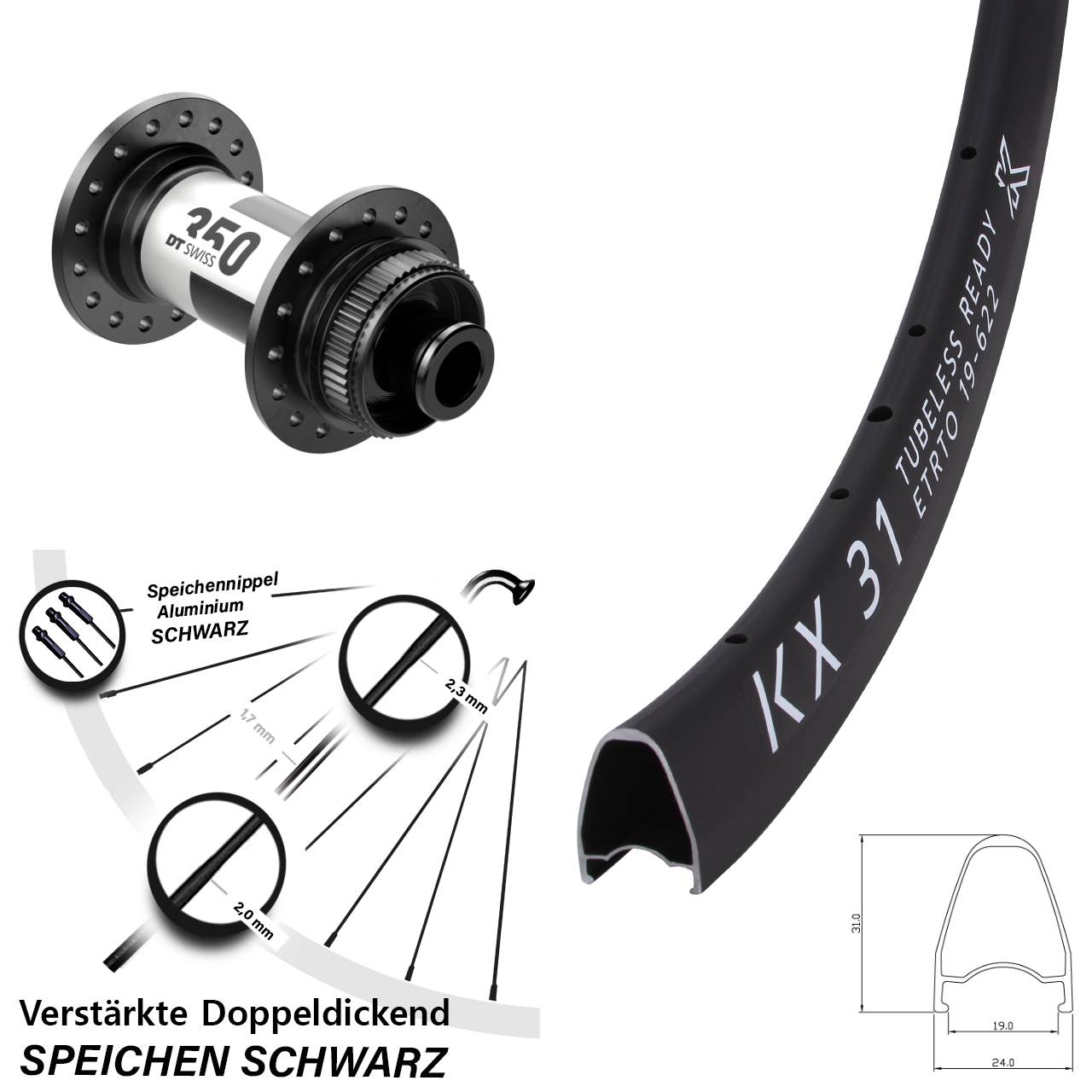 KX 31 DT Swiss 350 28 Zoll Vorderrad Centerlock 12x100