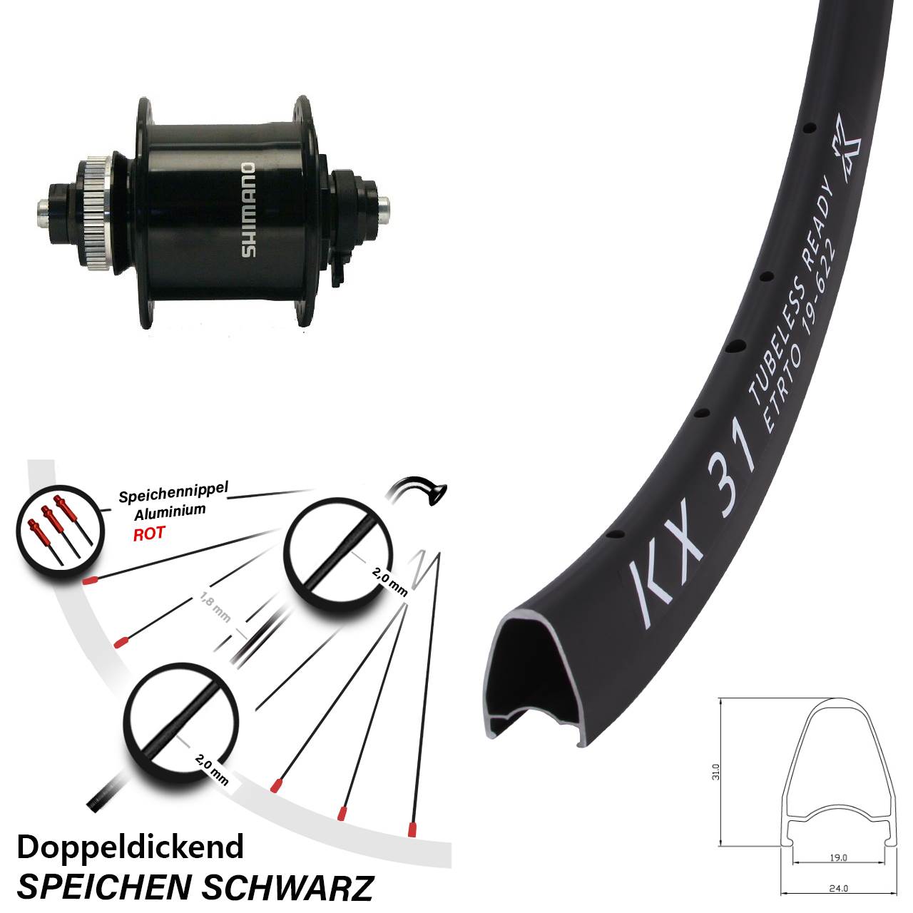Centerlock Dynamo-Vorderrad für Schnellspanner 28 Zoll KX 31 Shimano DH-UR700