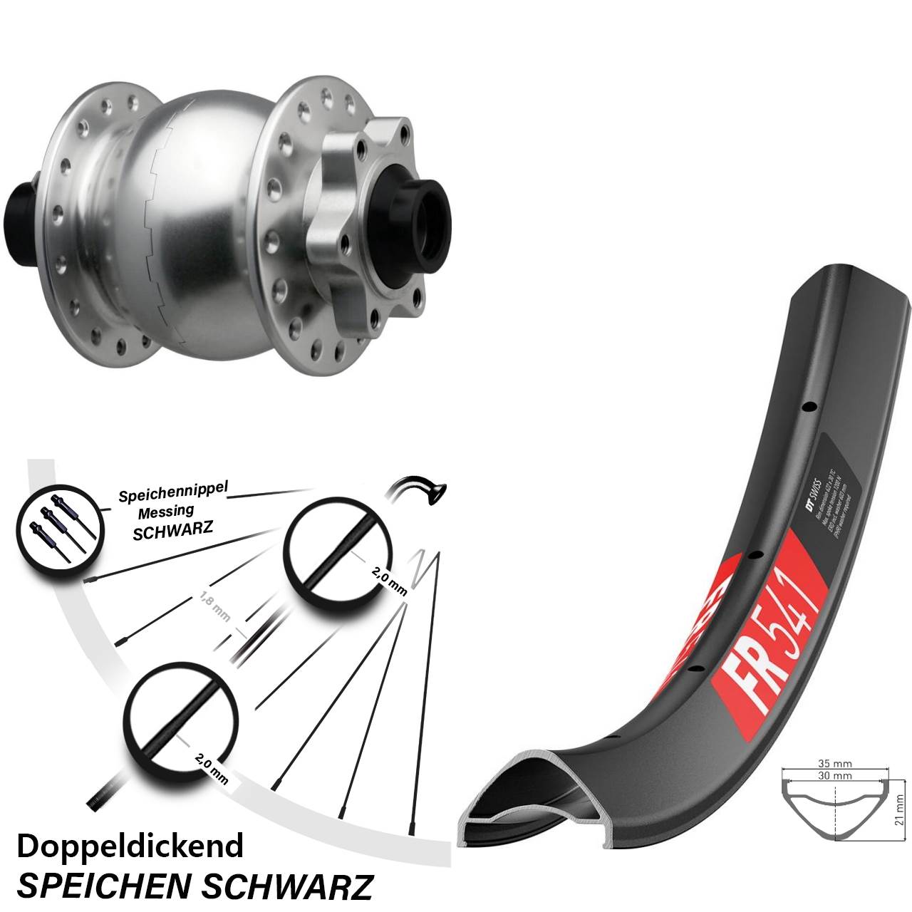 Disc Vorderrad mit Nabendynamo 27,5 Zoll DT Swiss FR 541 SON 28 silbern 15x110 Boost