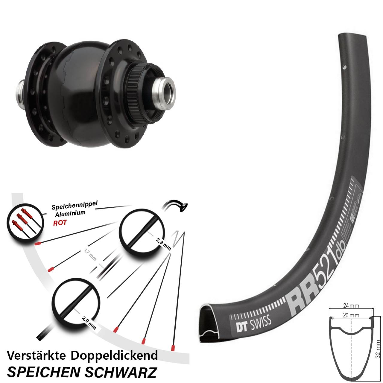 Disc Nabendynamo-Laufrad 28 Zoll DT Swiss RR521 SON delux 12x100