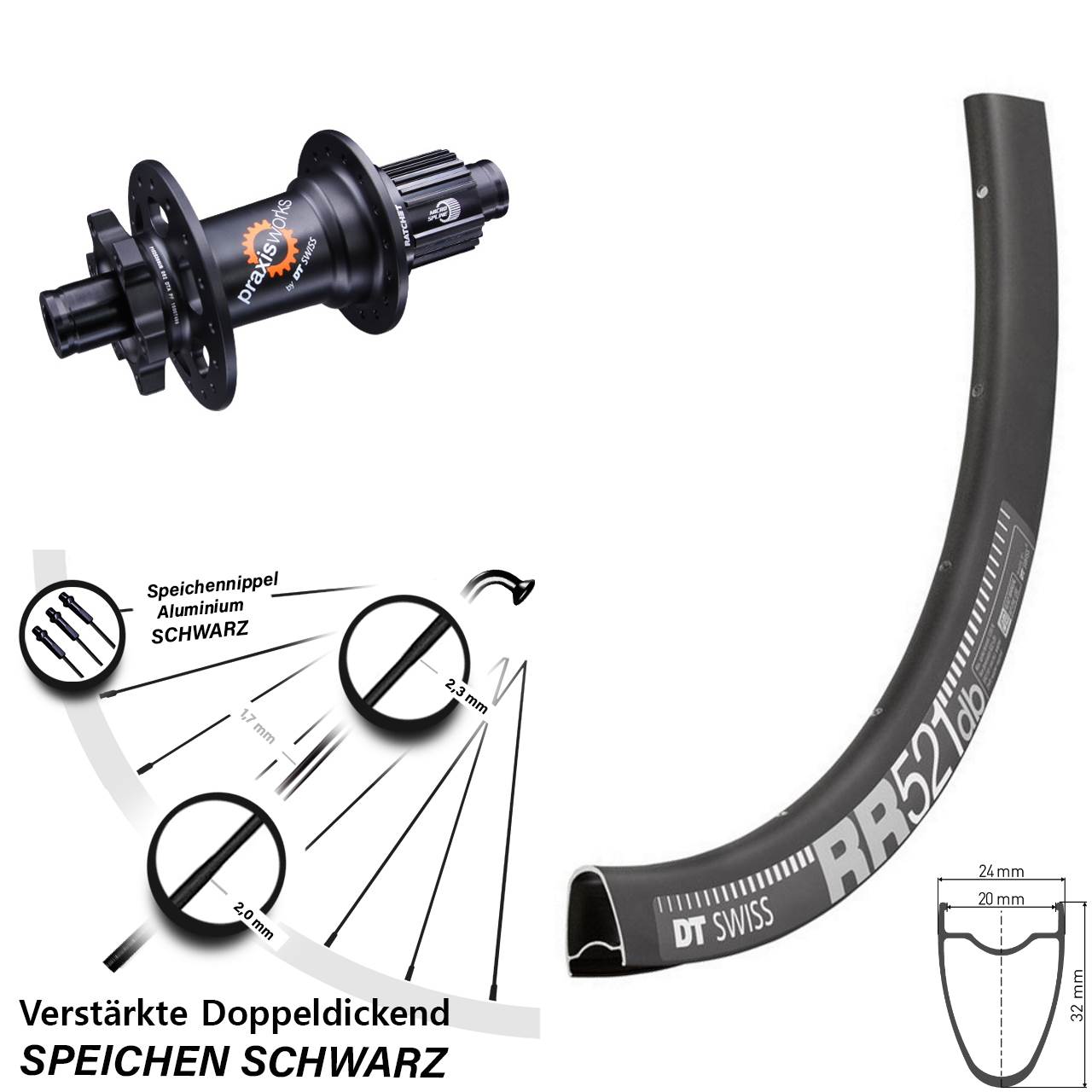 28 Zoll DT Swiss RR521 350 Disc Laufrad 12x142 Micro Spline