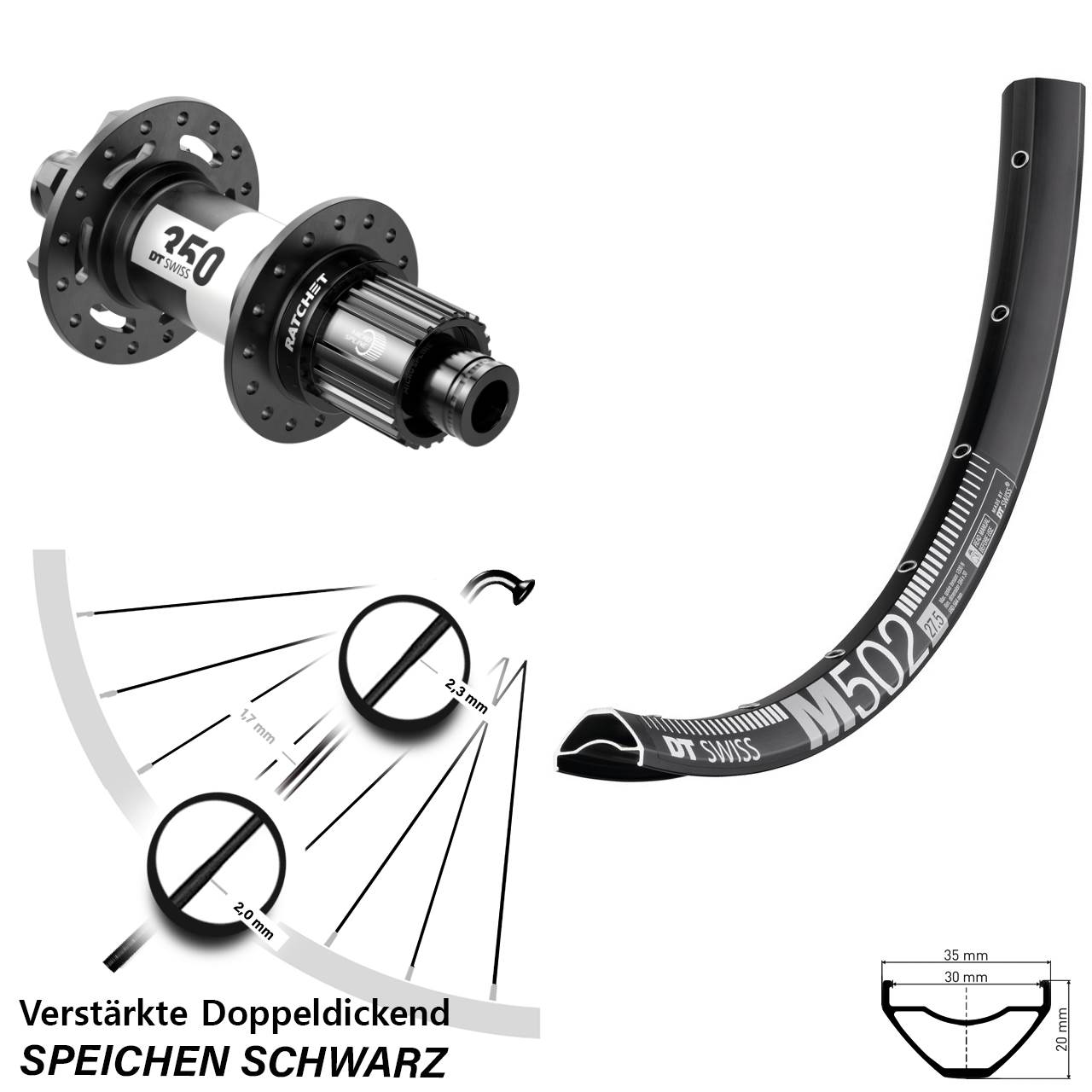 DT Swiss M502-350 Ratchet 36 27,5 Zoll Hinterrad 6-Loch 12x148 Shimano Micro Spline