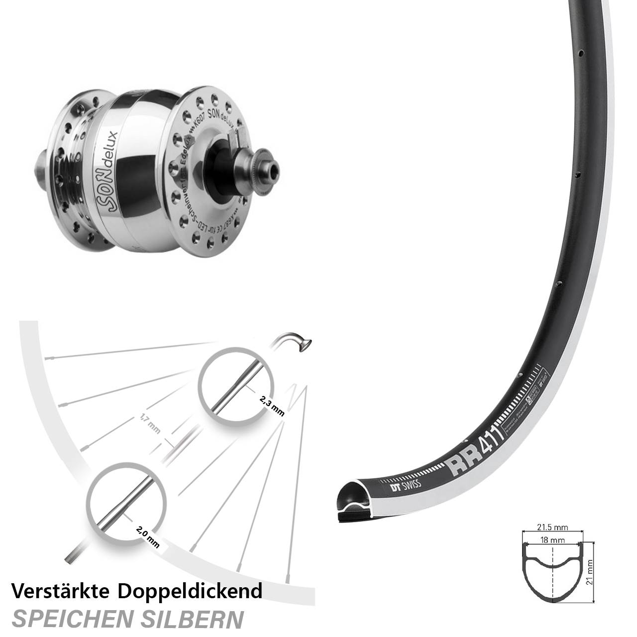 Laufrad 28 Zoll DT Swiss RR411 schwarz SON delux Felgenbremse Hohlachse silbern poliert