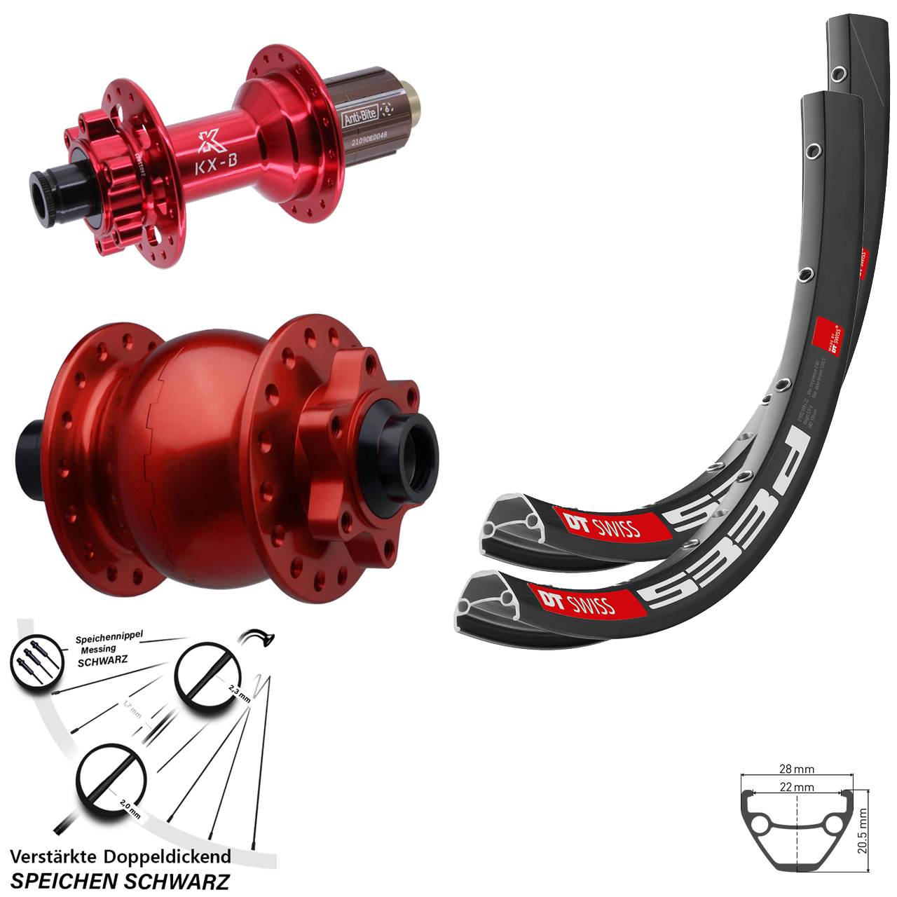 6-Loch Laufradsatz 15x110 12x148 26 Zoll DT Swiss 533D KX-B rot SON 28 8-12 fach HG